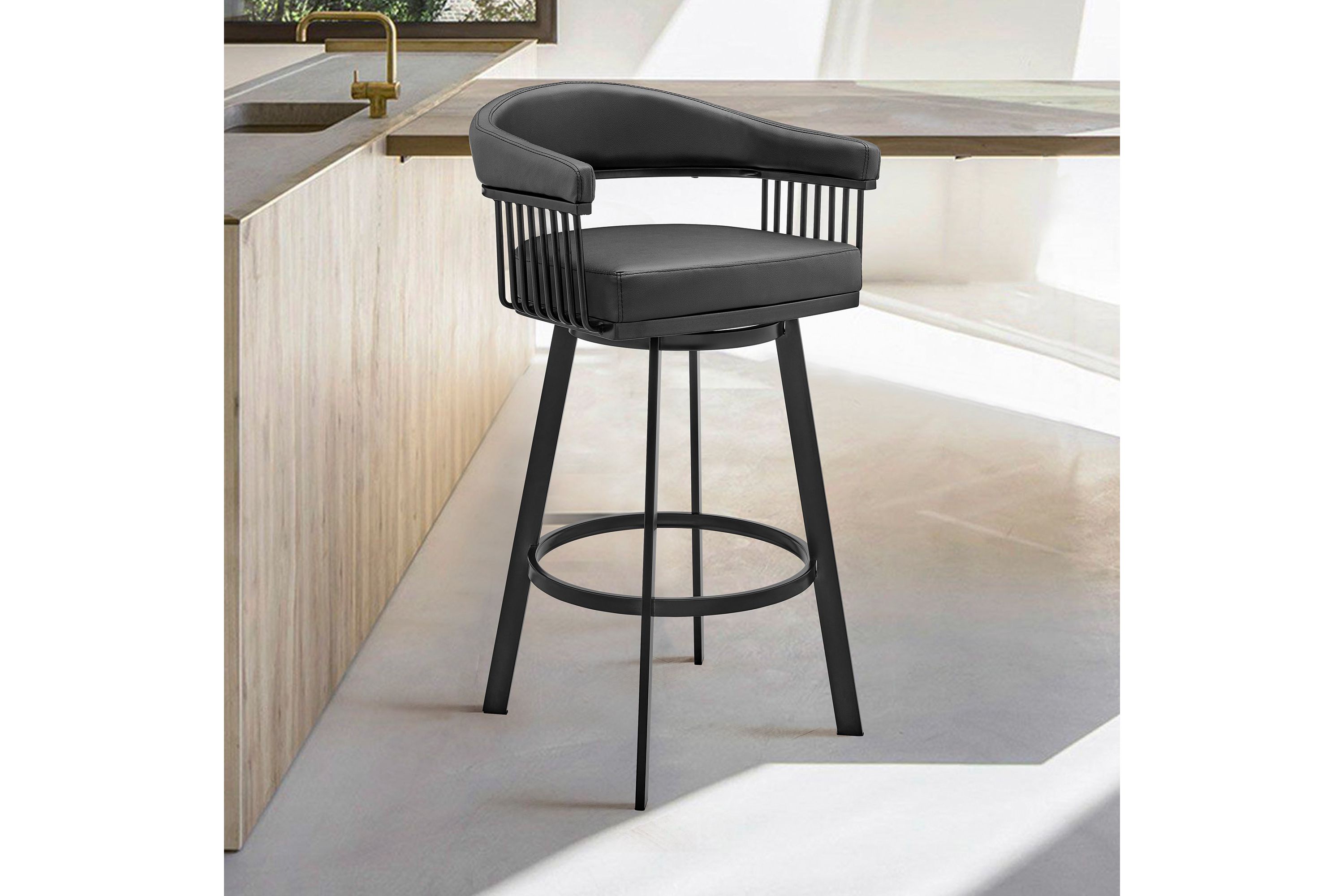 Bronson 29" Bar Height Swivel Bar Stool in Black Finish and Black Faux Leather