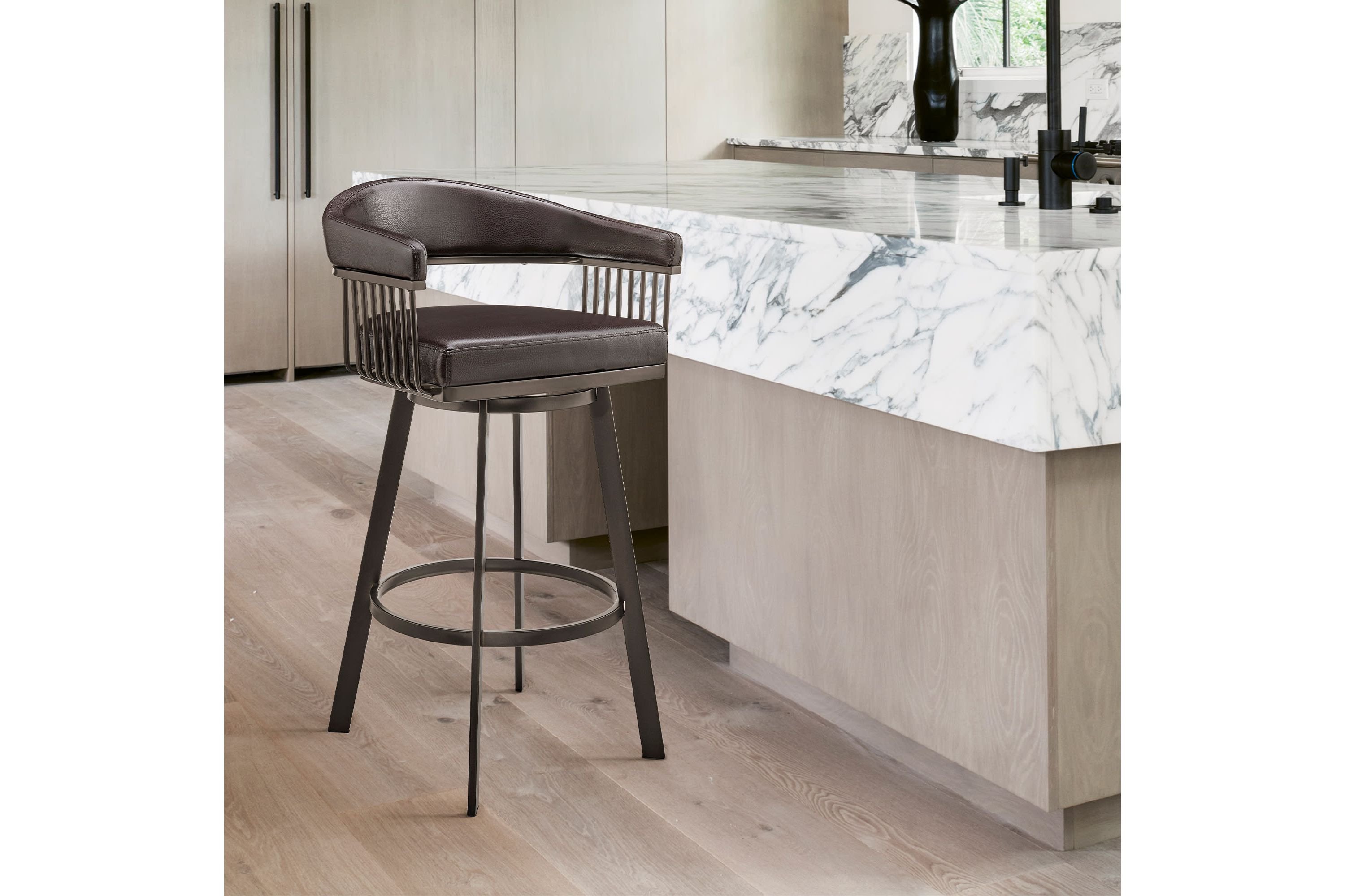 Bronson 25" Counter Height Swivel Bar Stool in Java Brown Finish and Chocolate Faux Leather