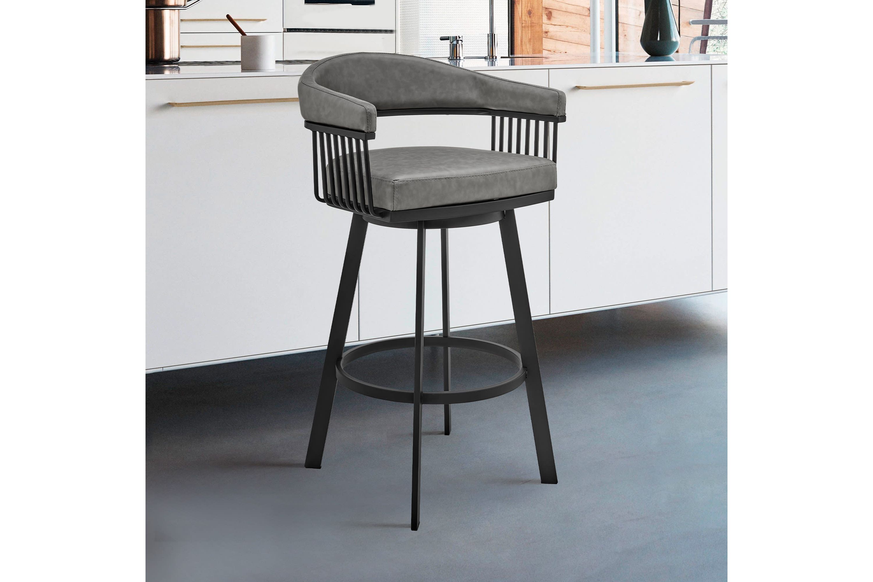 Bronson 25" Counter Height Swivel Bar Stool in Black Finish and Gray Faux Leather