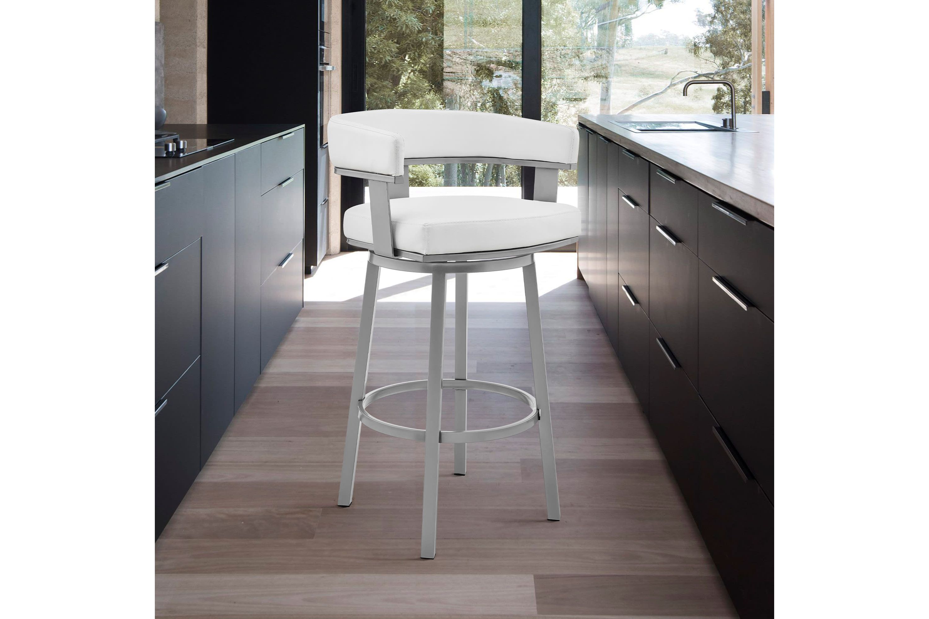 Cohen 26" Counter Height Swivel Bar Stool in Silver Finish with White Faux Leather