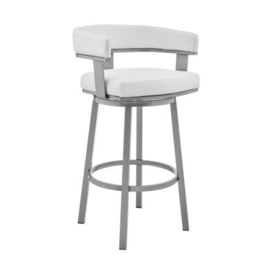 Armen Living Cohen 30" Bar Height Swivel Bar Stool in Silver Finish with White Faux Leather