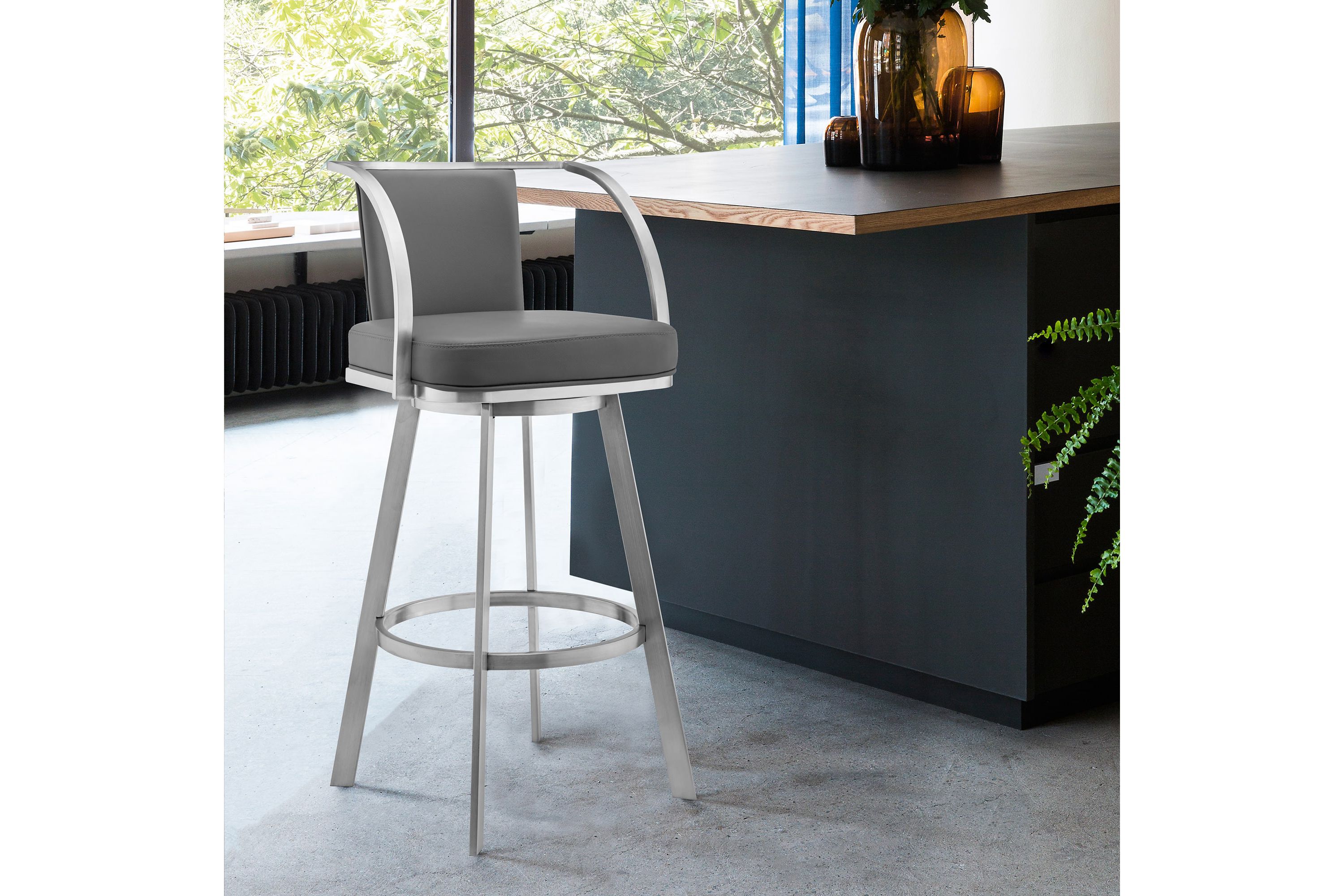 Sandringham 30" Gray Faux Leather and Brushed Stainless Steel Swivel Bar Stool