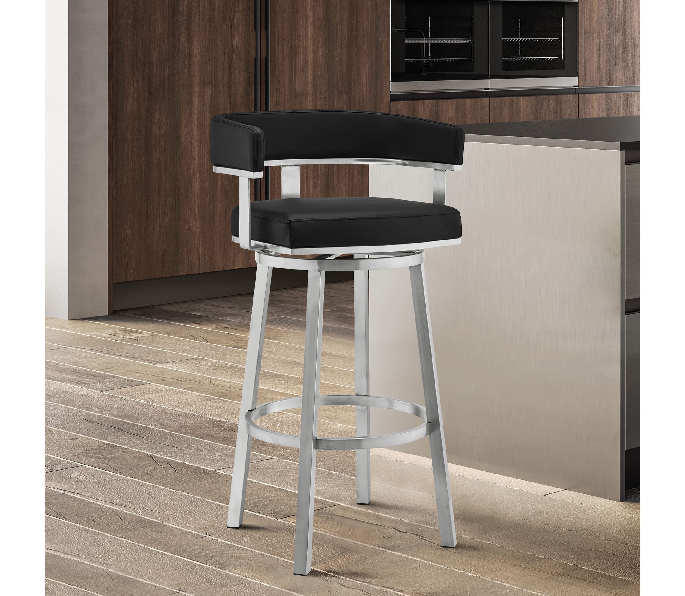 Cohen 26" Black Faux Leather and Brushed Stainless Steel Swivel Bar Stool