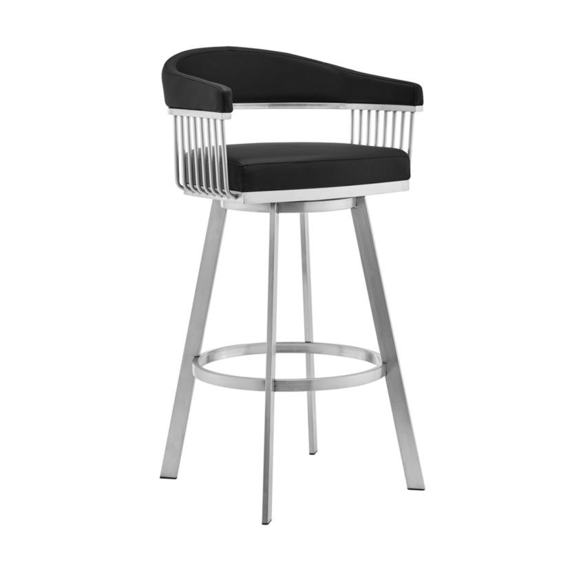 Bronson 25" Black Faux Leather and Brushed Stainless Steel Swivel Bar Stool