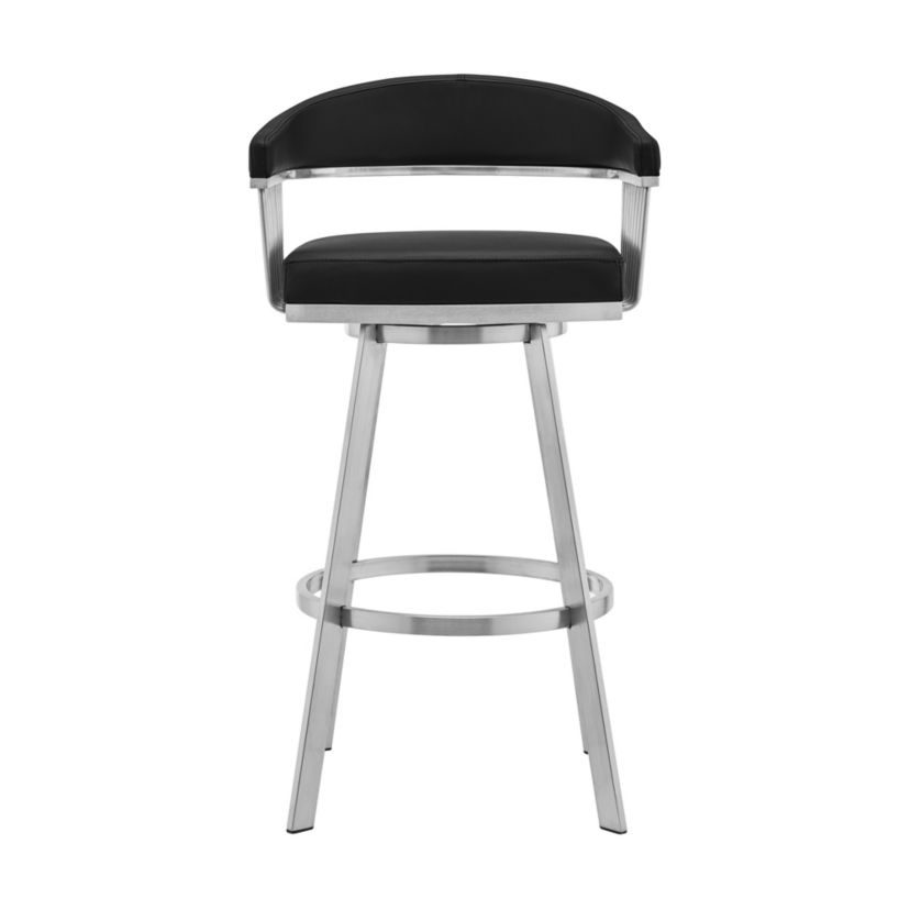 Bronson 25" Black Faux Leather and Brushed Stainless Steel Swivel Bar Stool