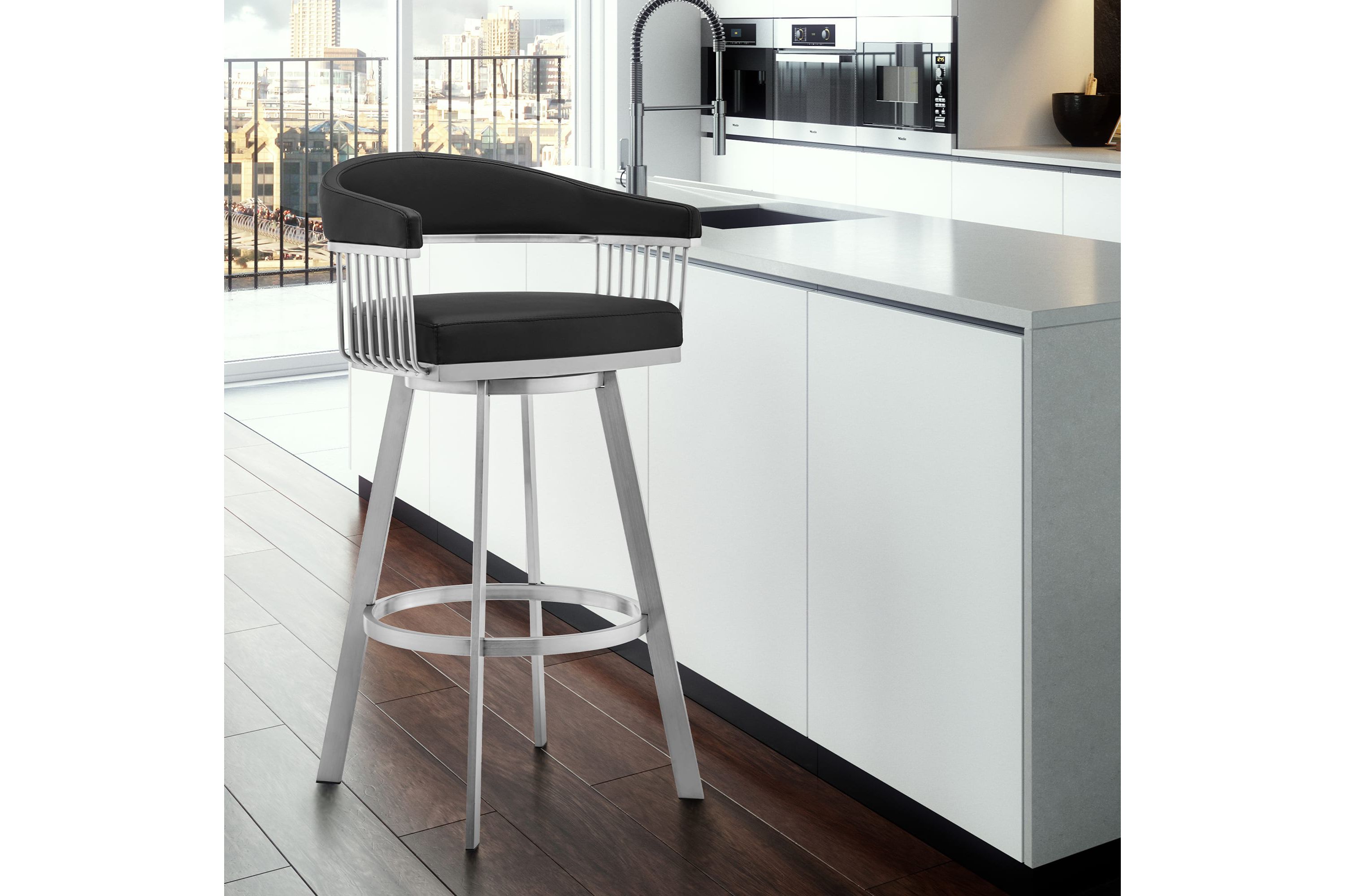 Bronson 25" Black Faux Leather and Brushed Stainless Steel Swivel Bar Stool