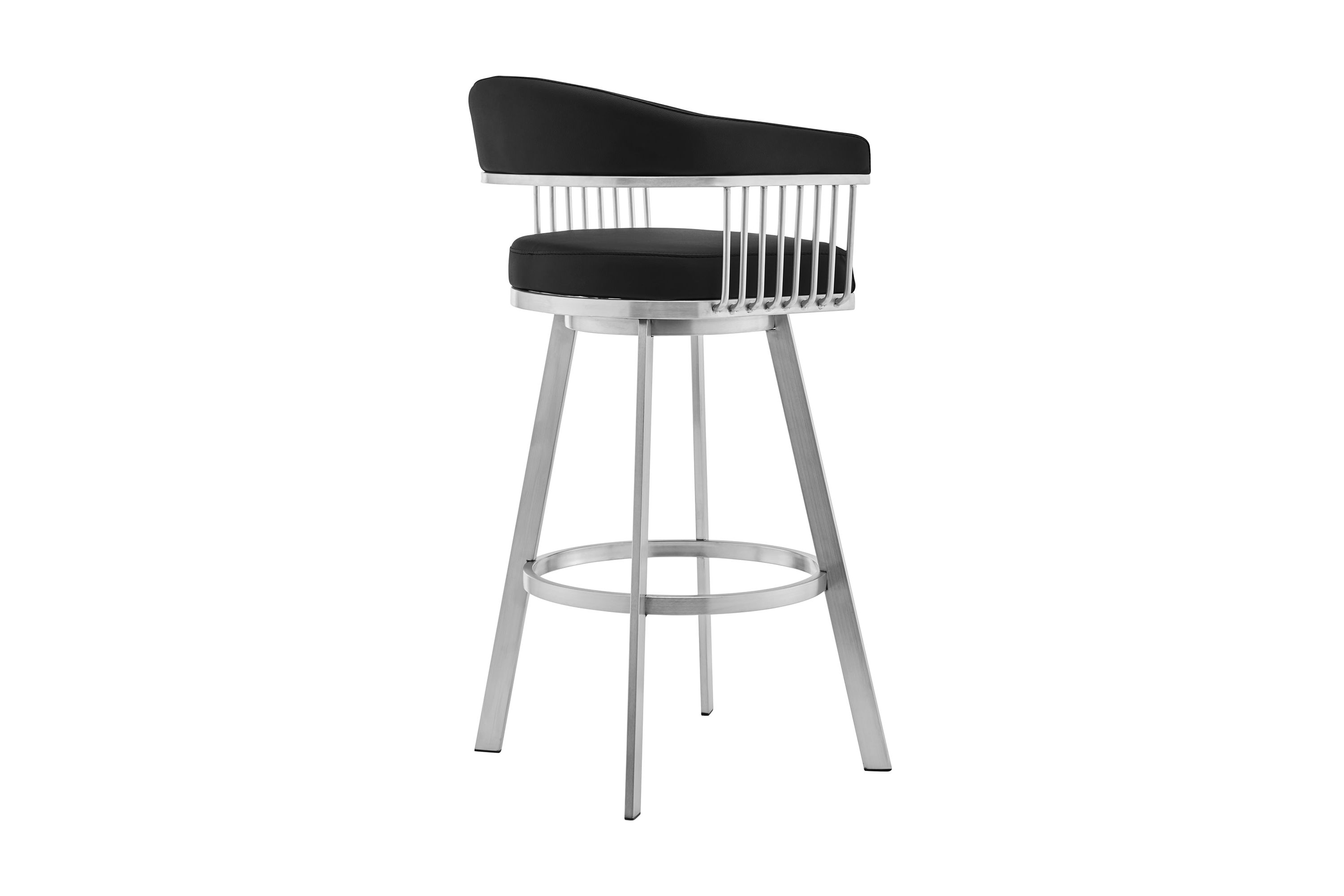 Bronson 25" Black Faux Leather and Brushed Stainless Steel Swivel Bar Stool