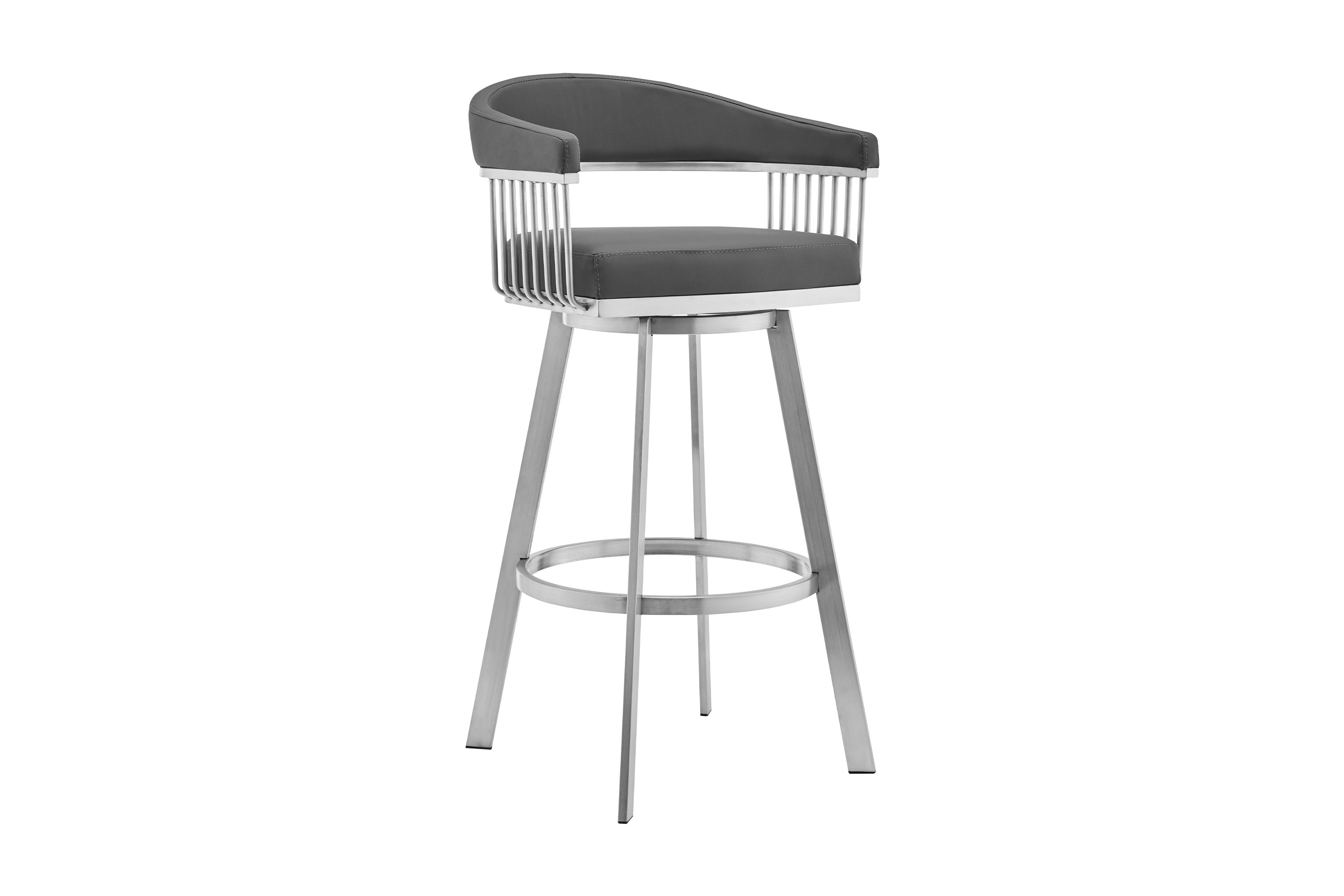 Bronson 29" Gray Faux Leather and Brushed Stainless Steel Swivel Bar Stool