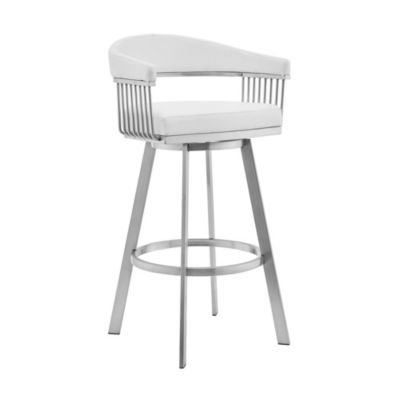 Armen Living Bronson 29" White Faux Leather and Brushed Stainless Steel Swivel Bar Stool