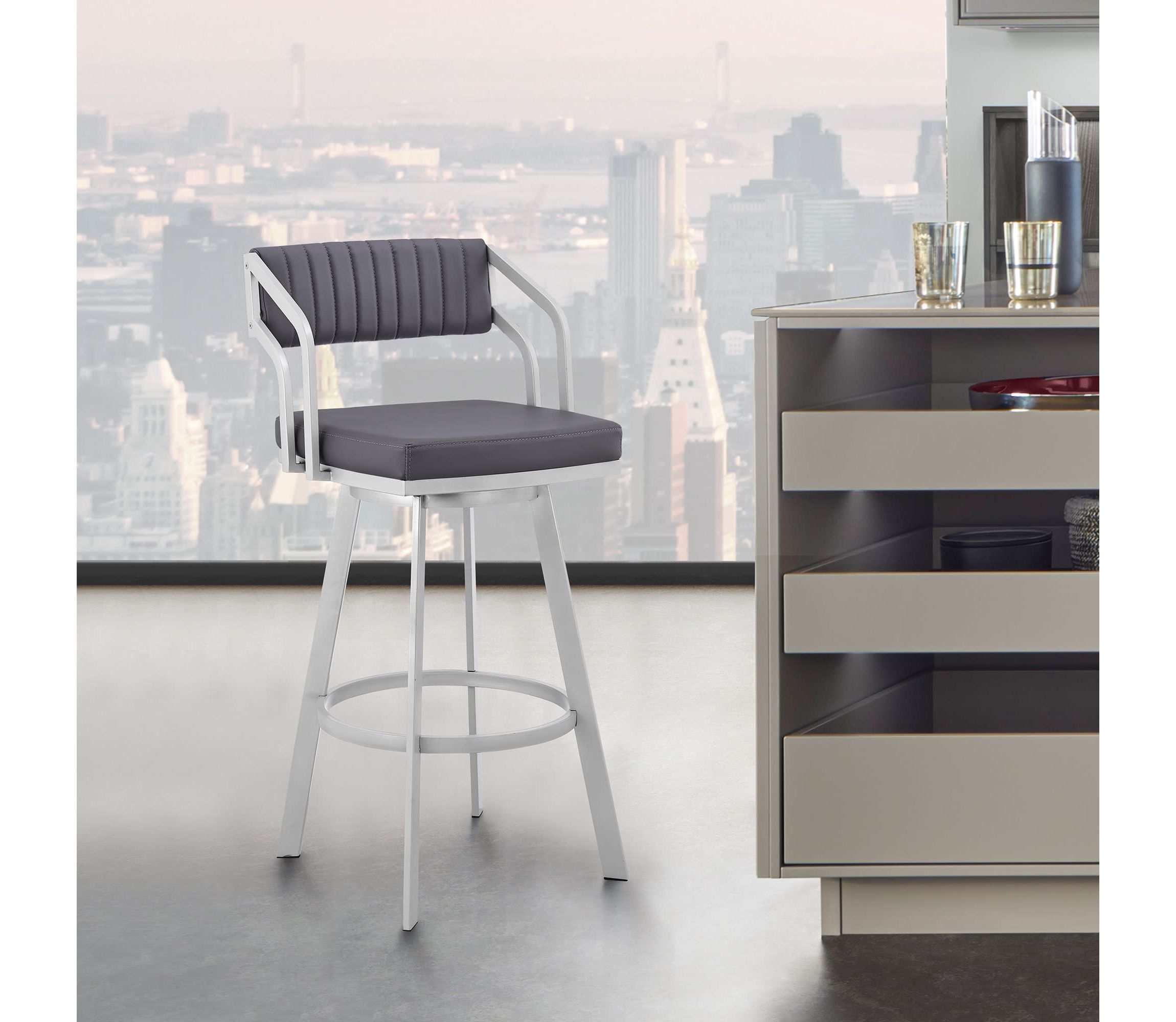 Scranton 26" Swivel Slate Gray Faux Leather and Silver Metal Bar Stool
