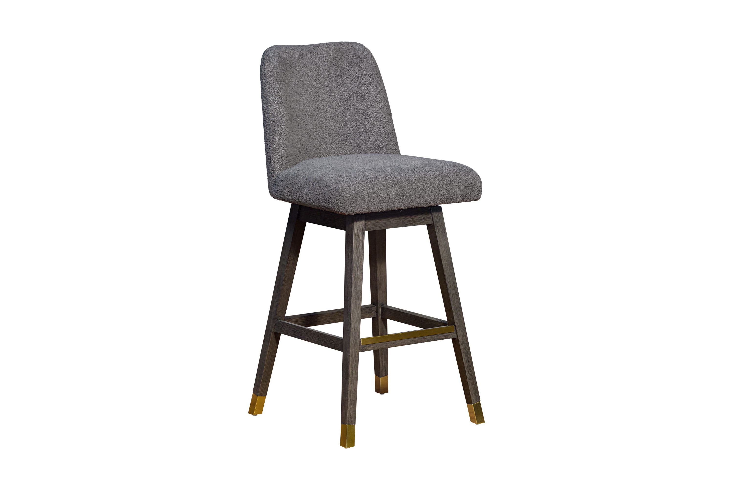 Amalie Swivel Bar Stool in Gray Oak Wood Finish with Gray Boucle Fabric