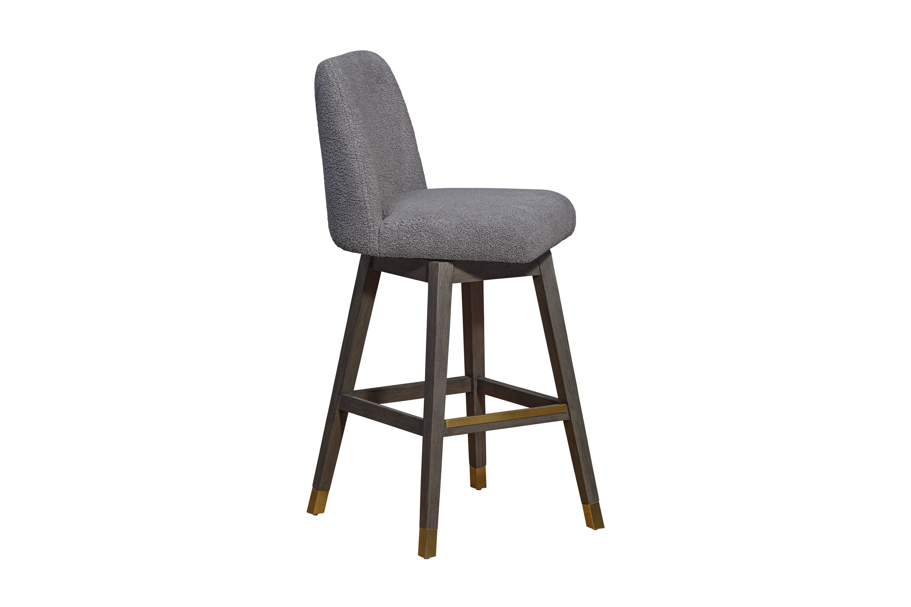 Amalie Swivel Bar Stool in Gray Oak Wood Finish with Gray Boucle Fabric