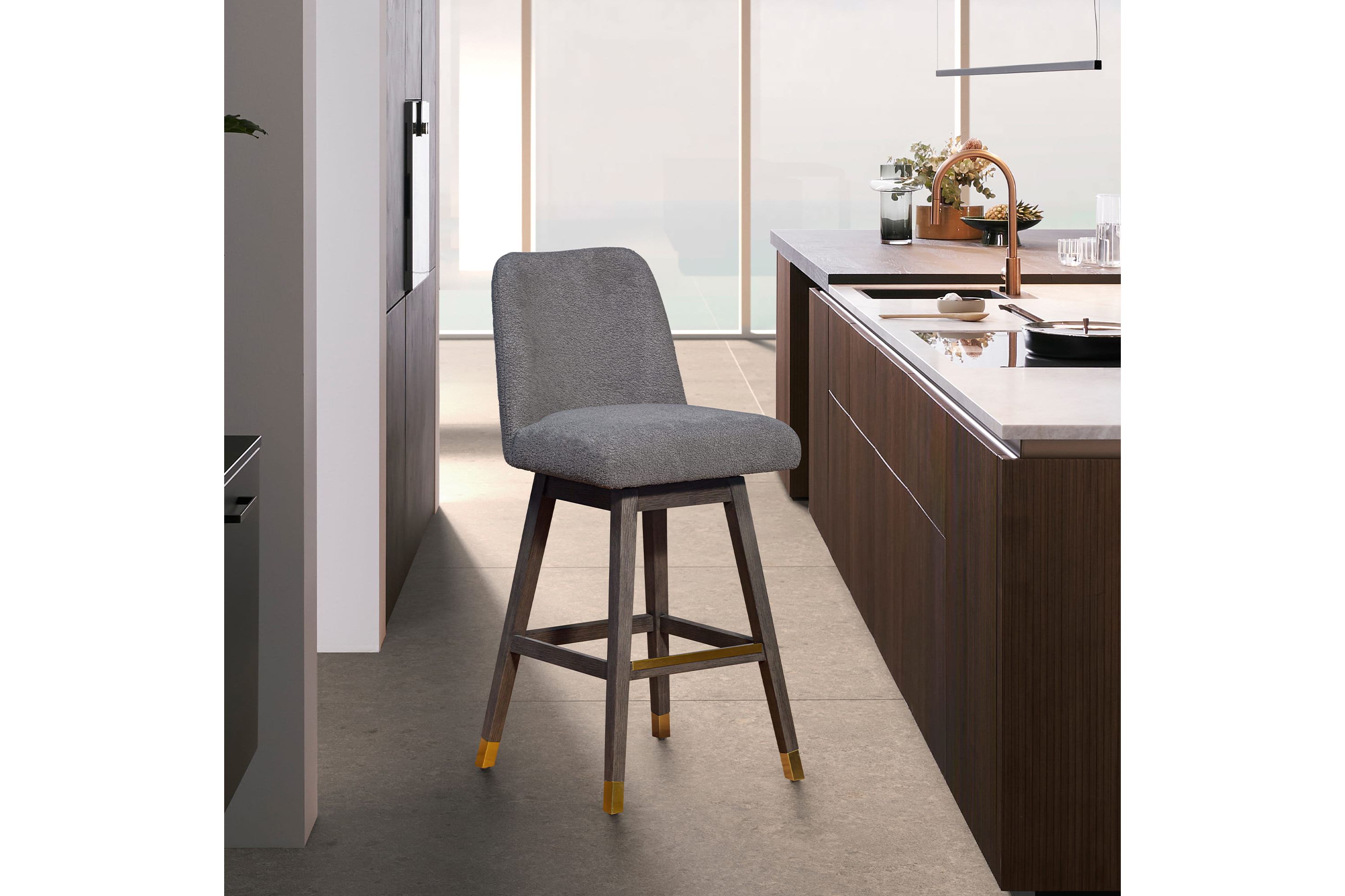 Amalie Swivel Bar Stool in Gray Oak Wood Finish with Gray Boucle Fabric