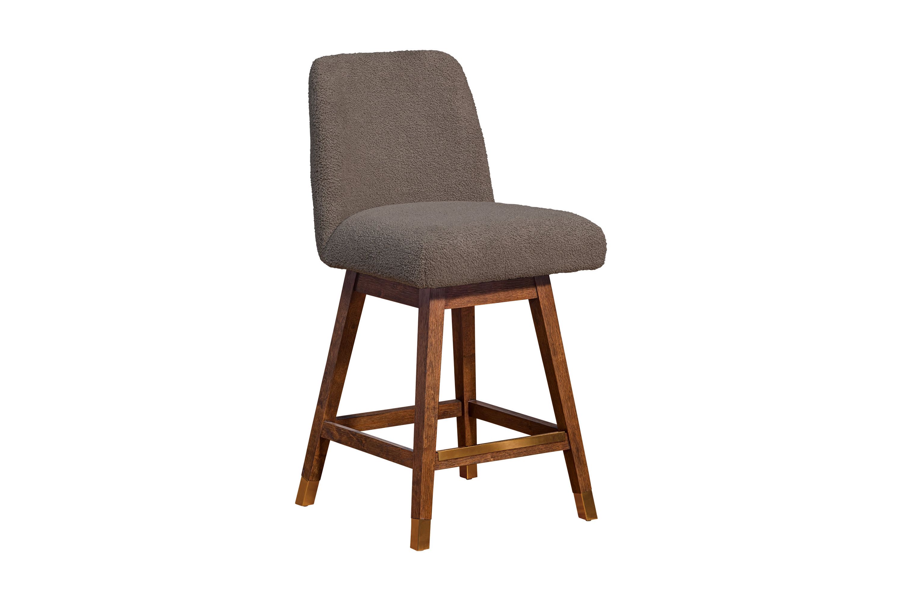 Amalie Swivel Counter Stool in Brown Oak Wood Finish with Taupe Boucle Fabric