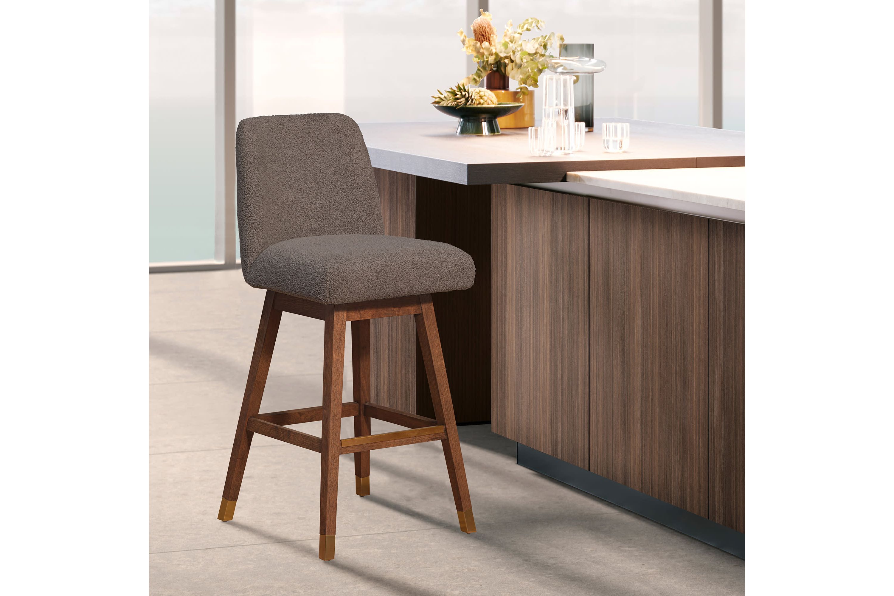 Amalie Swivel Counter Stool in Brown Oak Wood Finish with Taupe Boucle Fabric