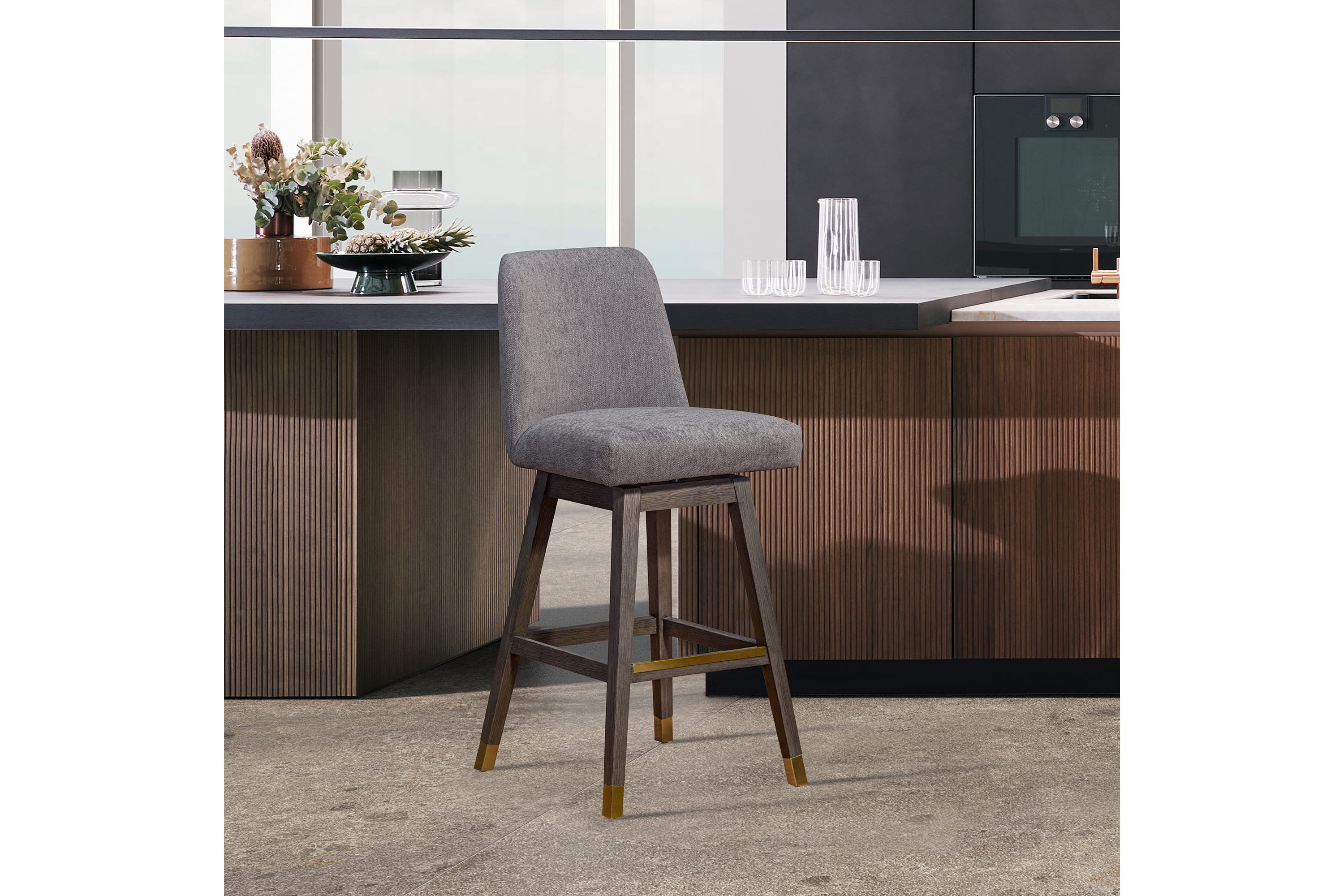 Amalie Swivel Bar Stool in Gray Oak Wood Finish with Mocha Fabric