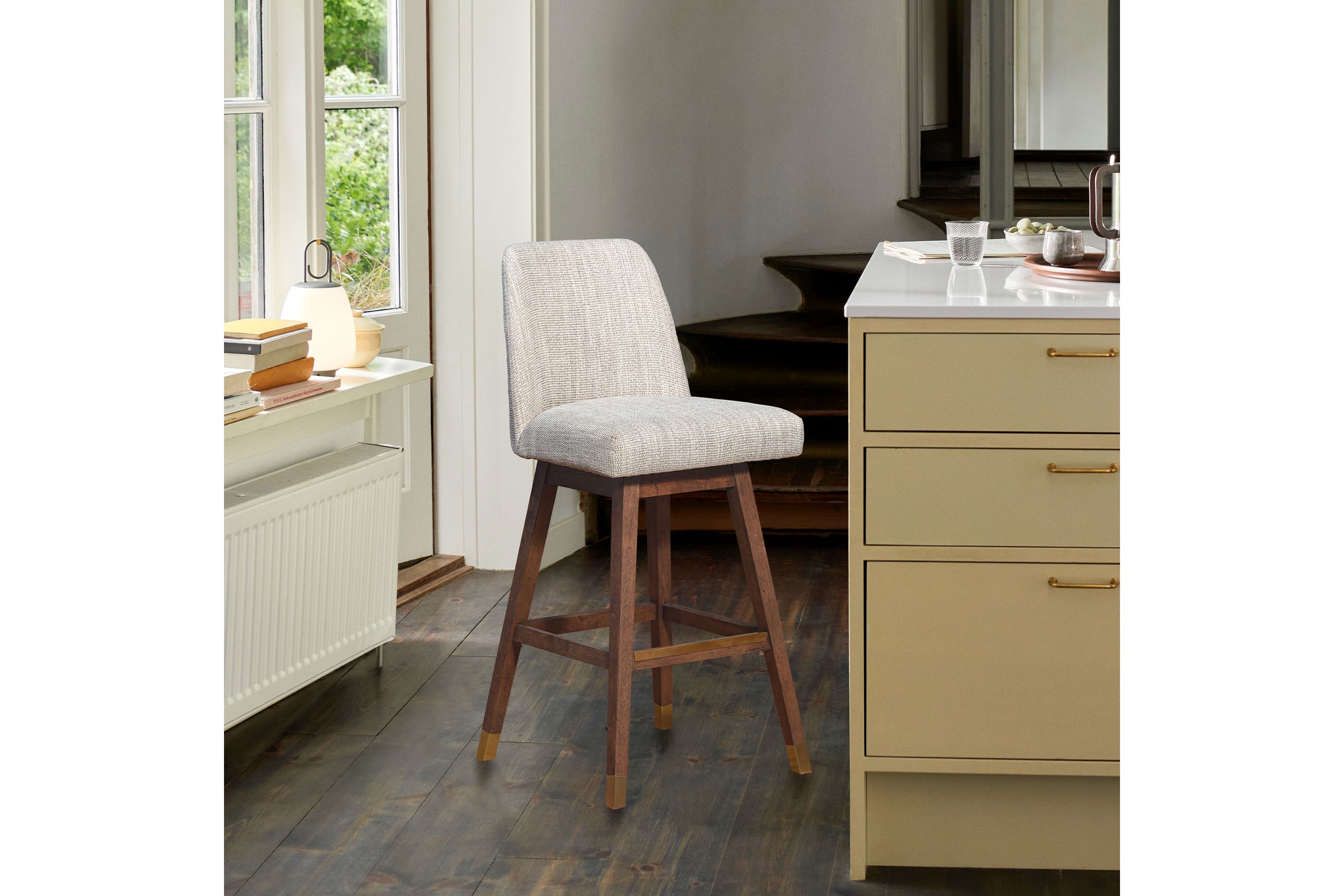 Amalie Swivel Bar Stool in Brown Oak Wood Finish with Beige Fabric