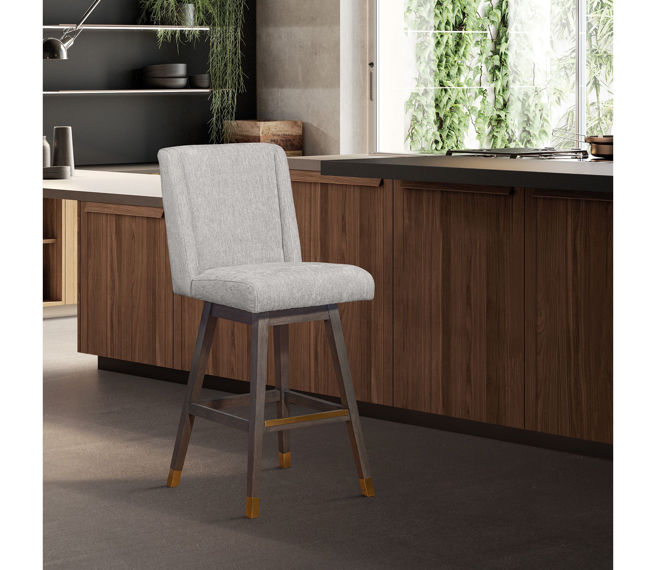 Stancoste Swivel Counter Stool in Gray Oak Wood Finish with Mocha Fabric