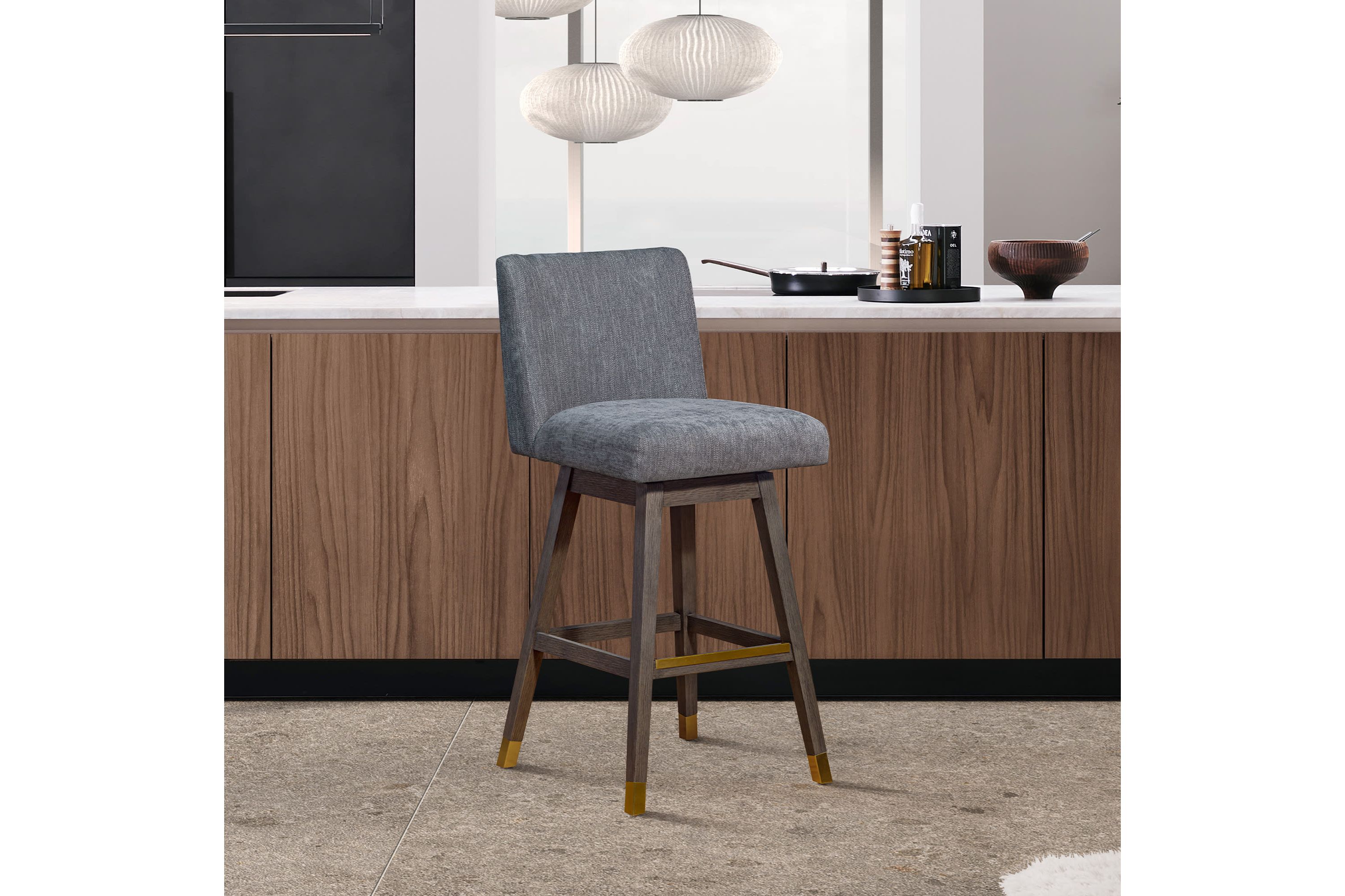Basila Swivel Bar Stool in Gray Oak Wood Finish with Gray Fabric
