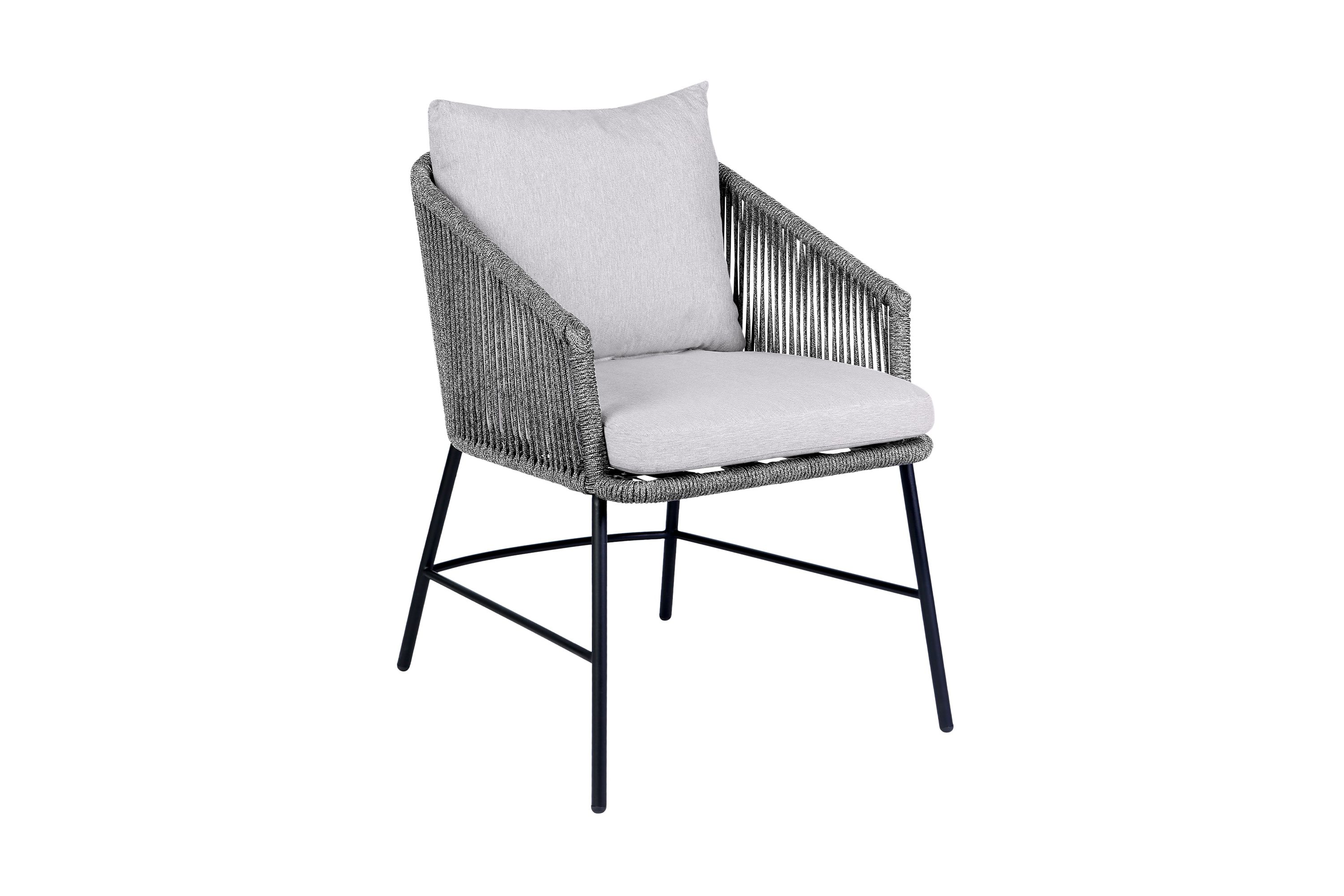 Calica Outdoor Patio Dining Chair in Black Metal and Gray Rope