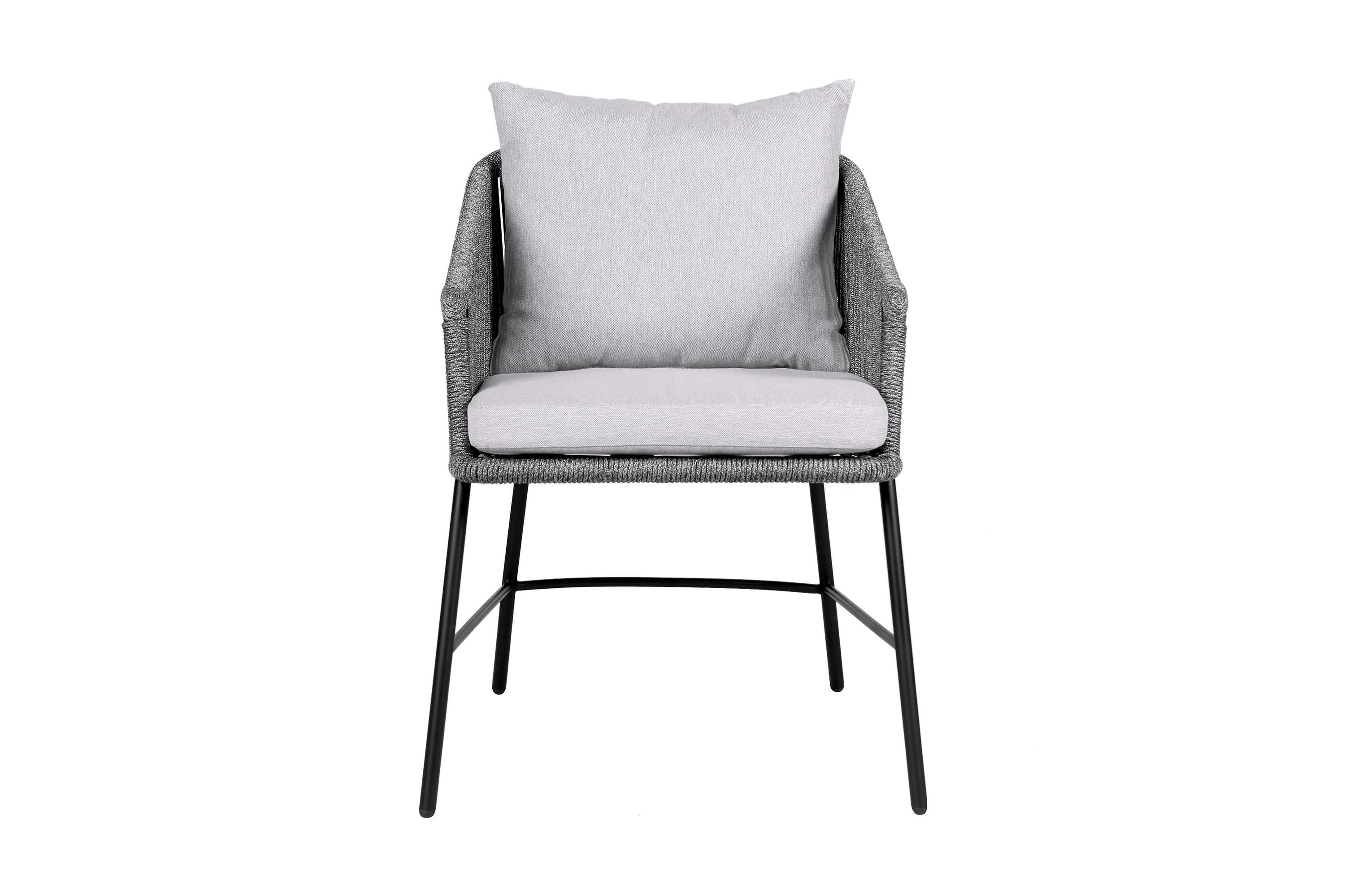 Calica Outdoor Patio Dining Chair in Black Metal and Gray Rope
