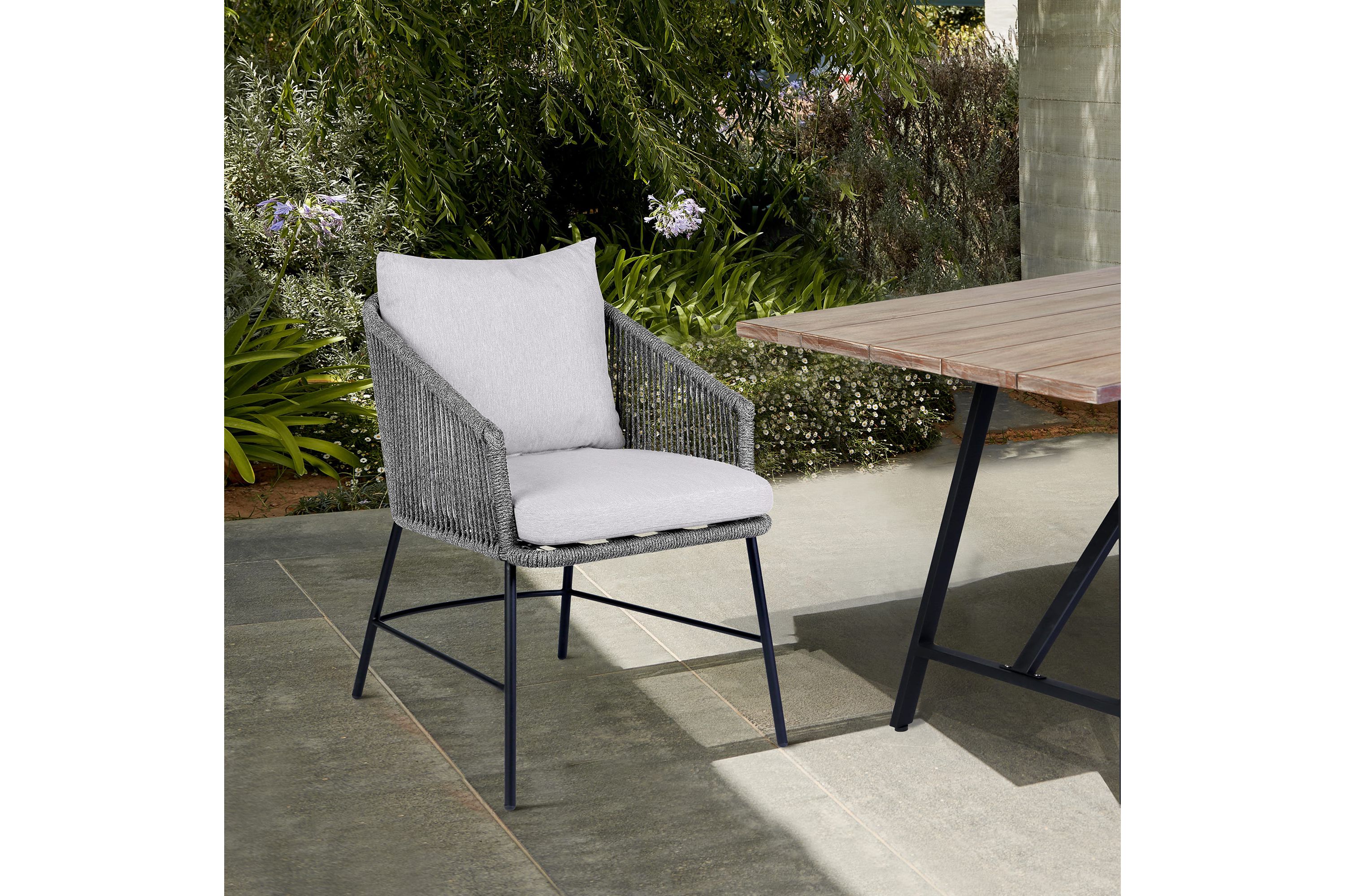 Calica Outdoor Patio Dining Chair in Black Metal and Gray Rope