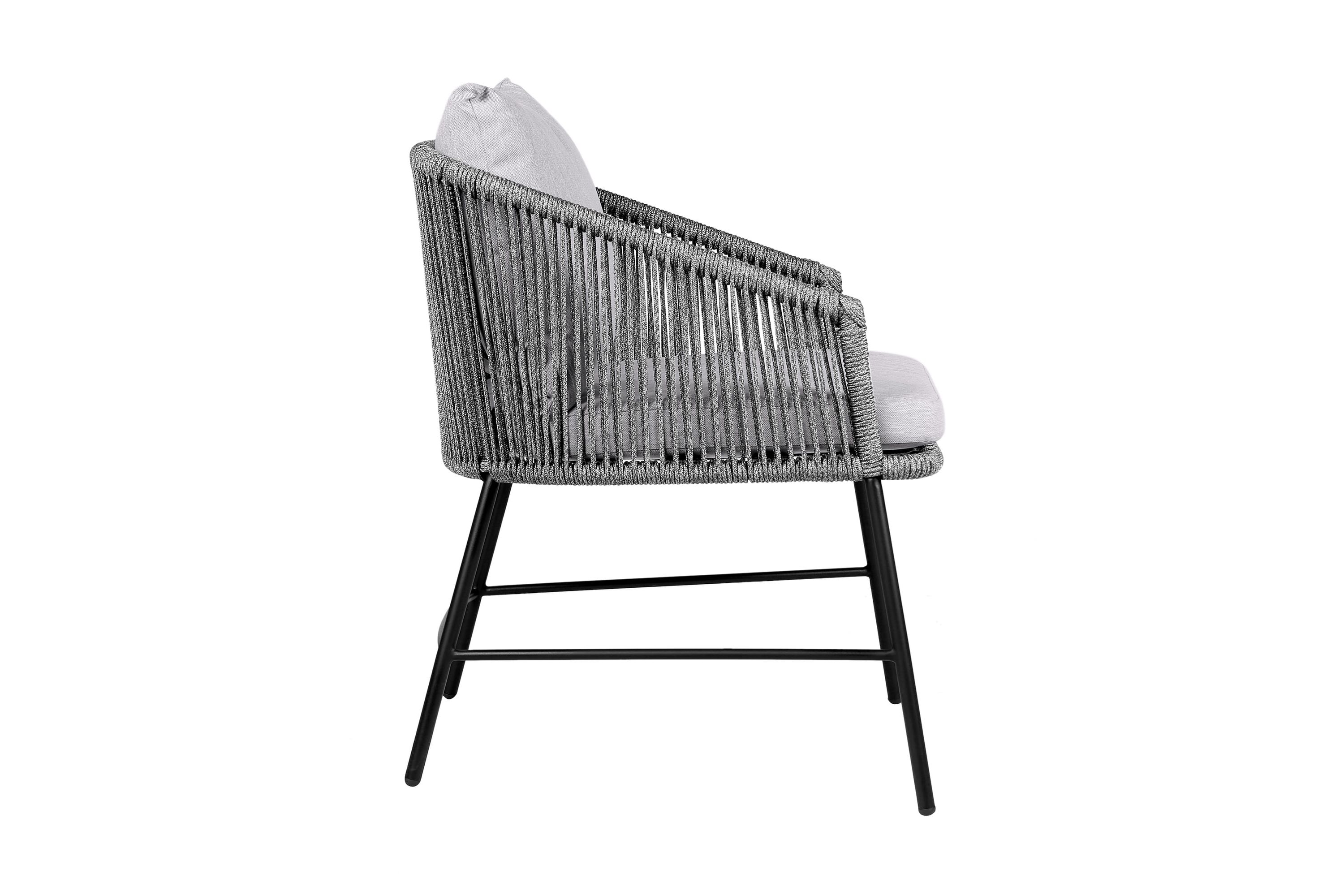 Calica Outdoor Patio Dining Chair in Black Metal and Gray Rope