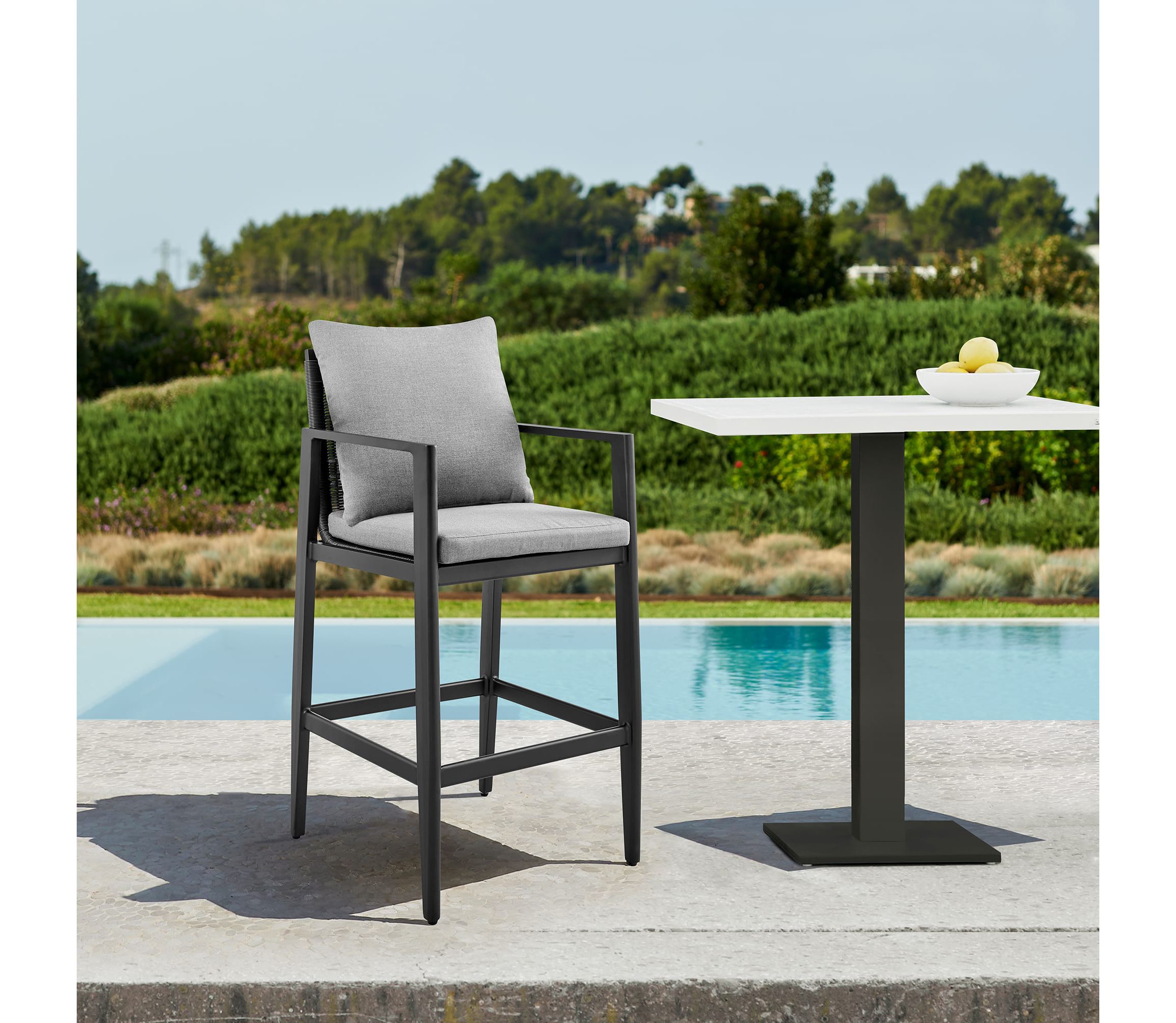 Grand Outdoor Patio Counter Height Bar Stool in Aluminum with Gray Cushions