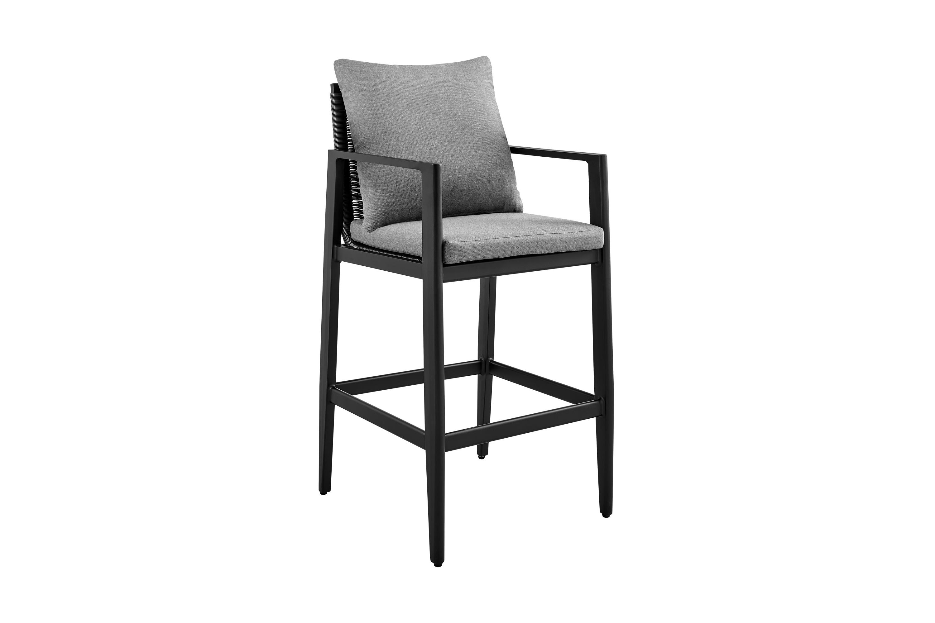 Grand Outdoor Patio Bar Stool in Aluminum with Gray Cushions