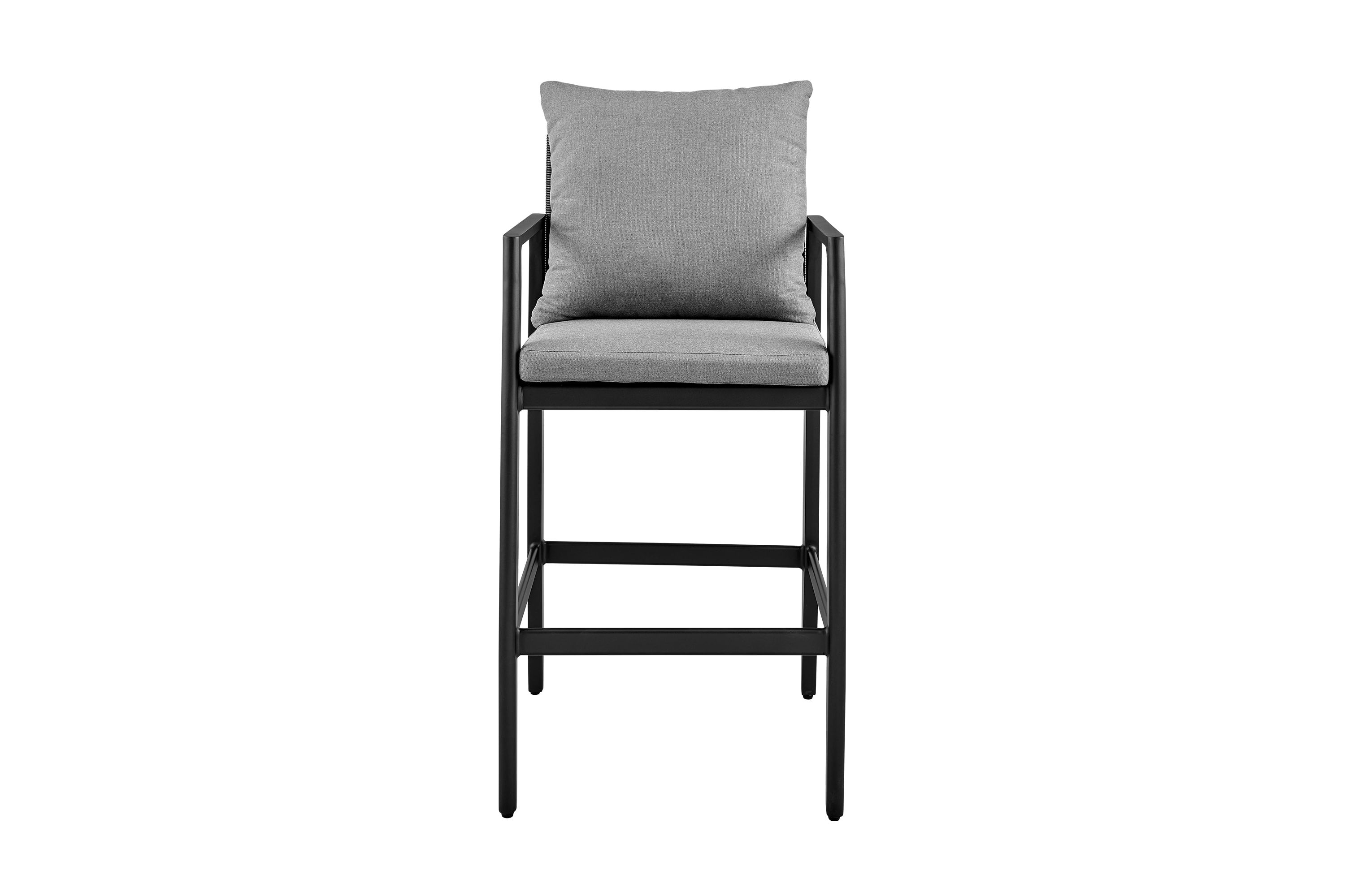 Grand Outdoor Patio Bar Stool in Aluminum with Gray Cushions