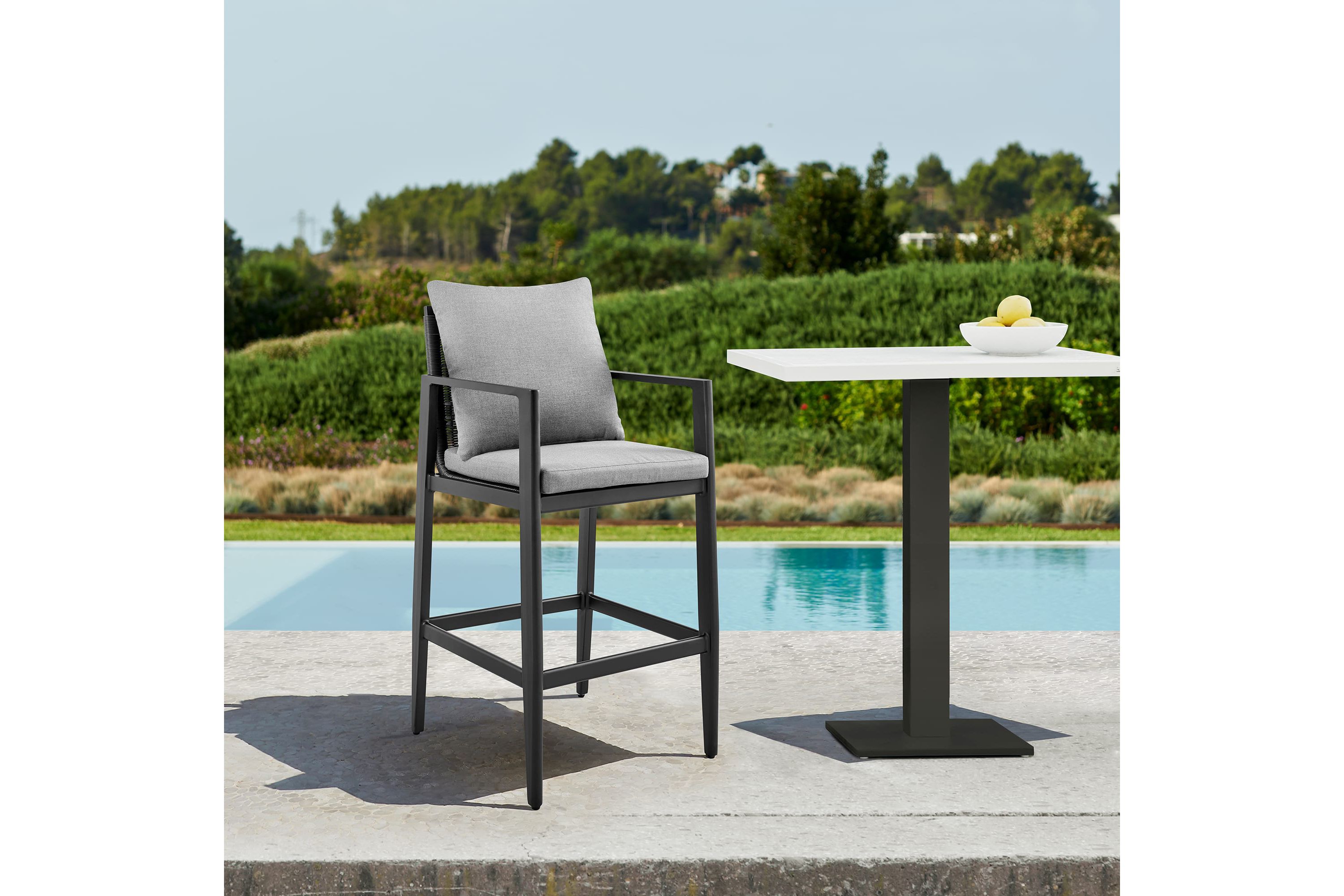 Grand Outdoor Patio Bar Stool in Aluminum with Gray Cushions