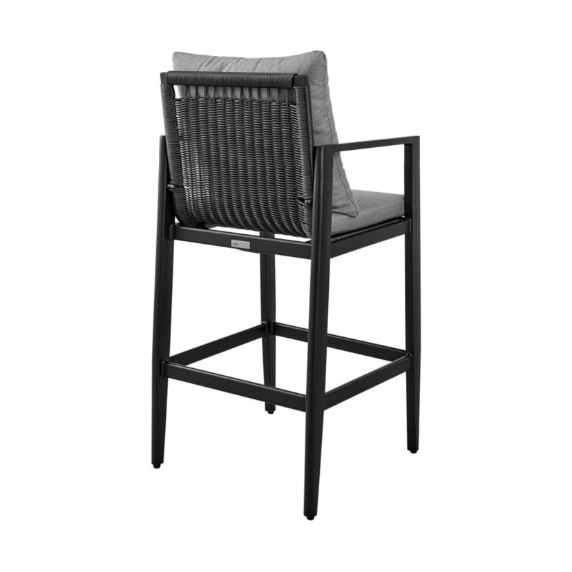 Grand Outdoor Patio Bar Stool in Aluminum with Gray Cushions