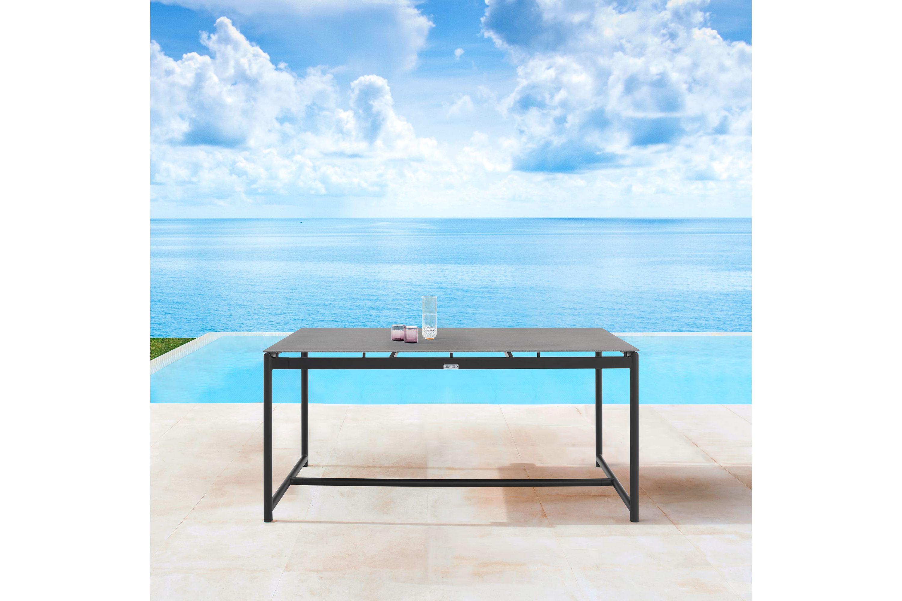 Royal Black Aluminum and Teak Outdoor Dining Table with Stone Top