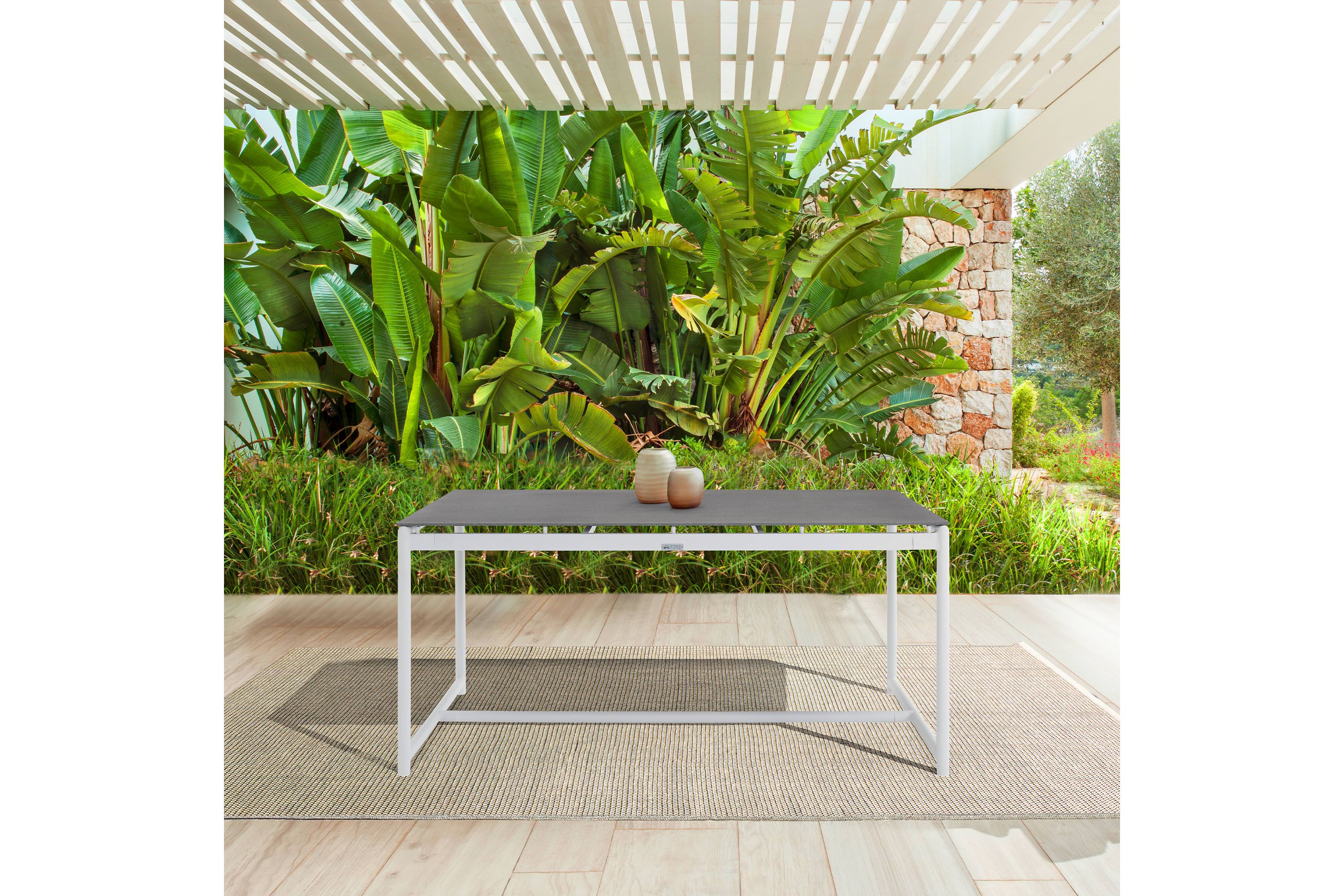 Royal White Aluminum and Teak Outdoor Dining Table with Stone Top