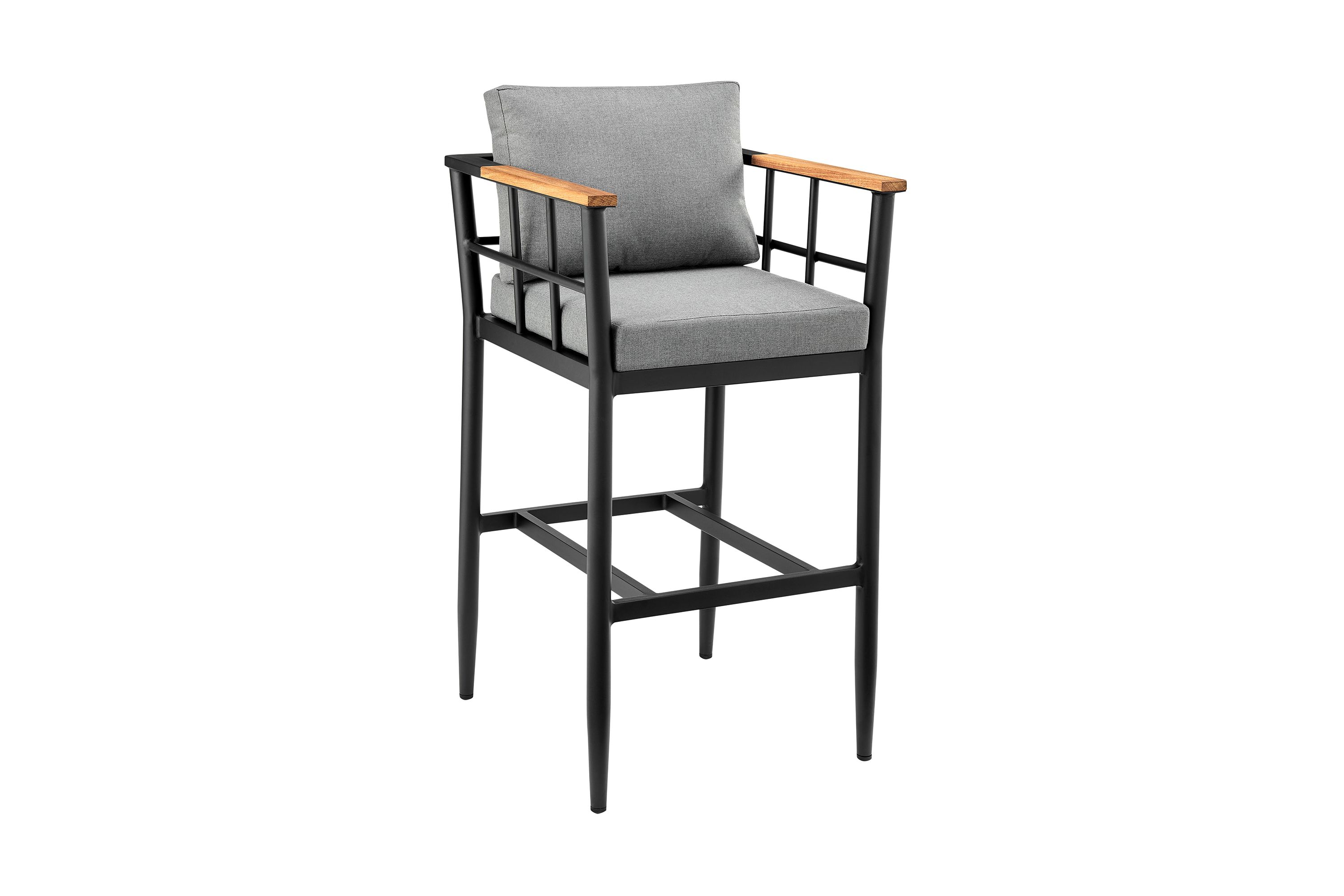 Wiglaf Outdoor Patio Counter Height Bar Stool in Aluminum and Teak with Gray Cushions