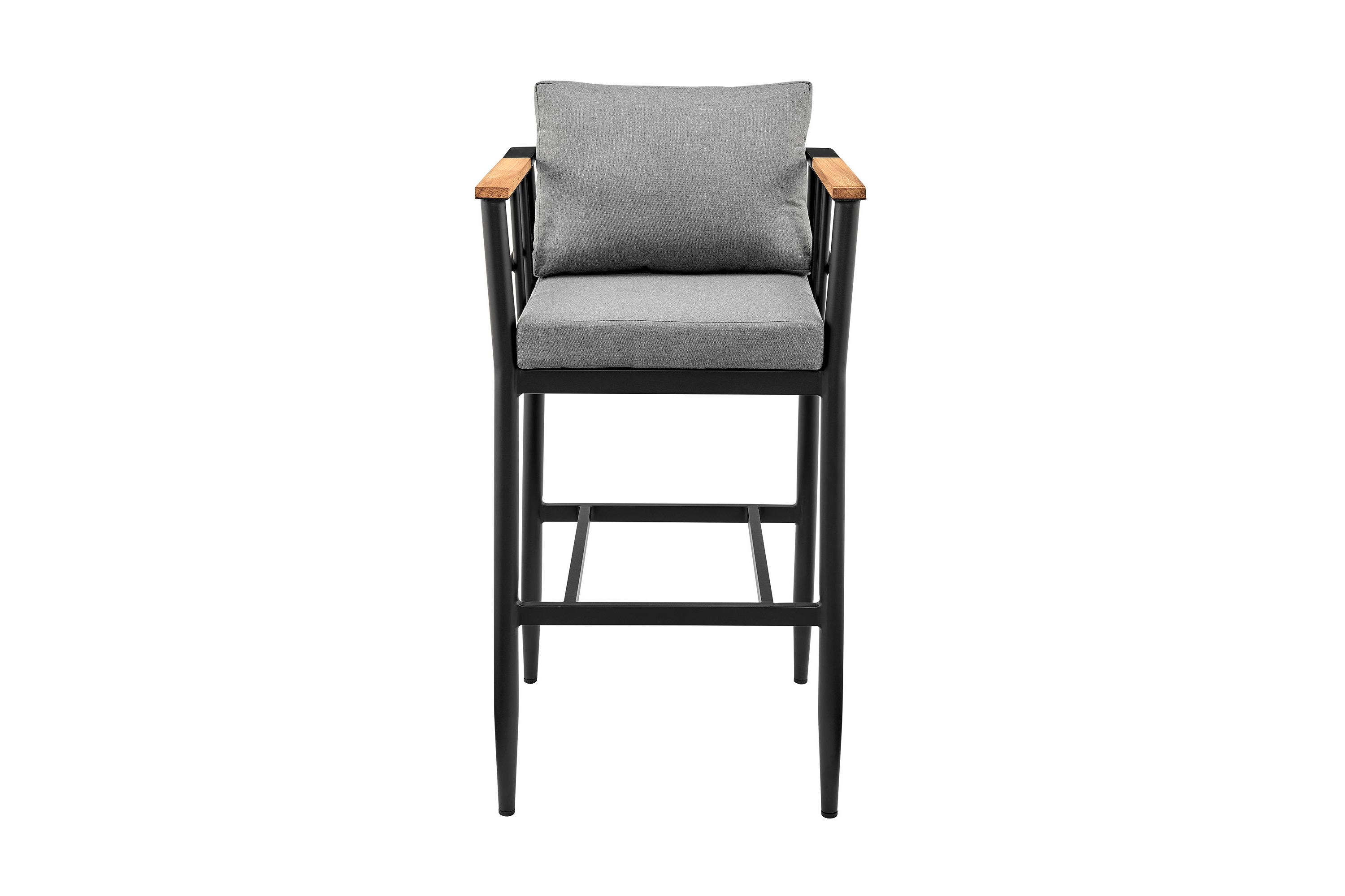 Wiglaf Outdoor Patio Counter Height Bar Stool in Aluminum and Teak with Gray Cushions