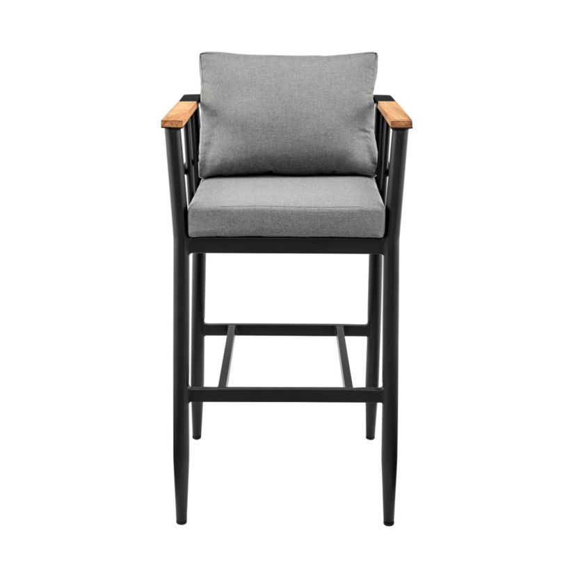 Wiglaf Outdoor Patio Counter Height Bar Stool in Aluminum and Teak with Gray Cushions