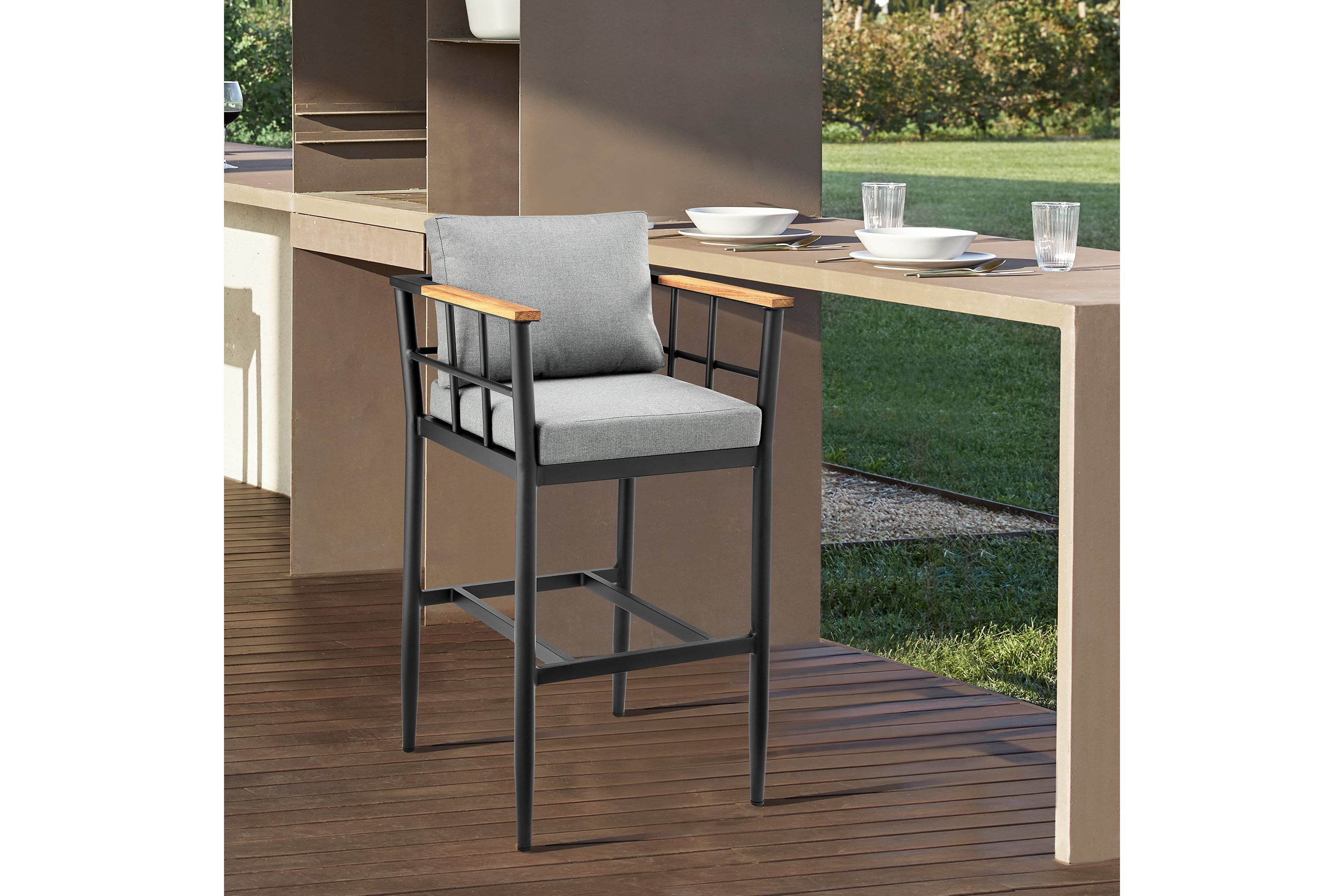 Wiglaf Outdoor Patio Counter Height Bar Stool in Aluminum and Teak with Gray Cushions