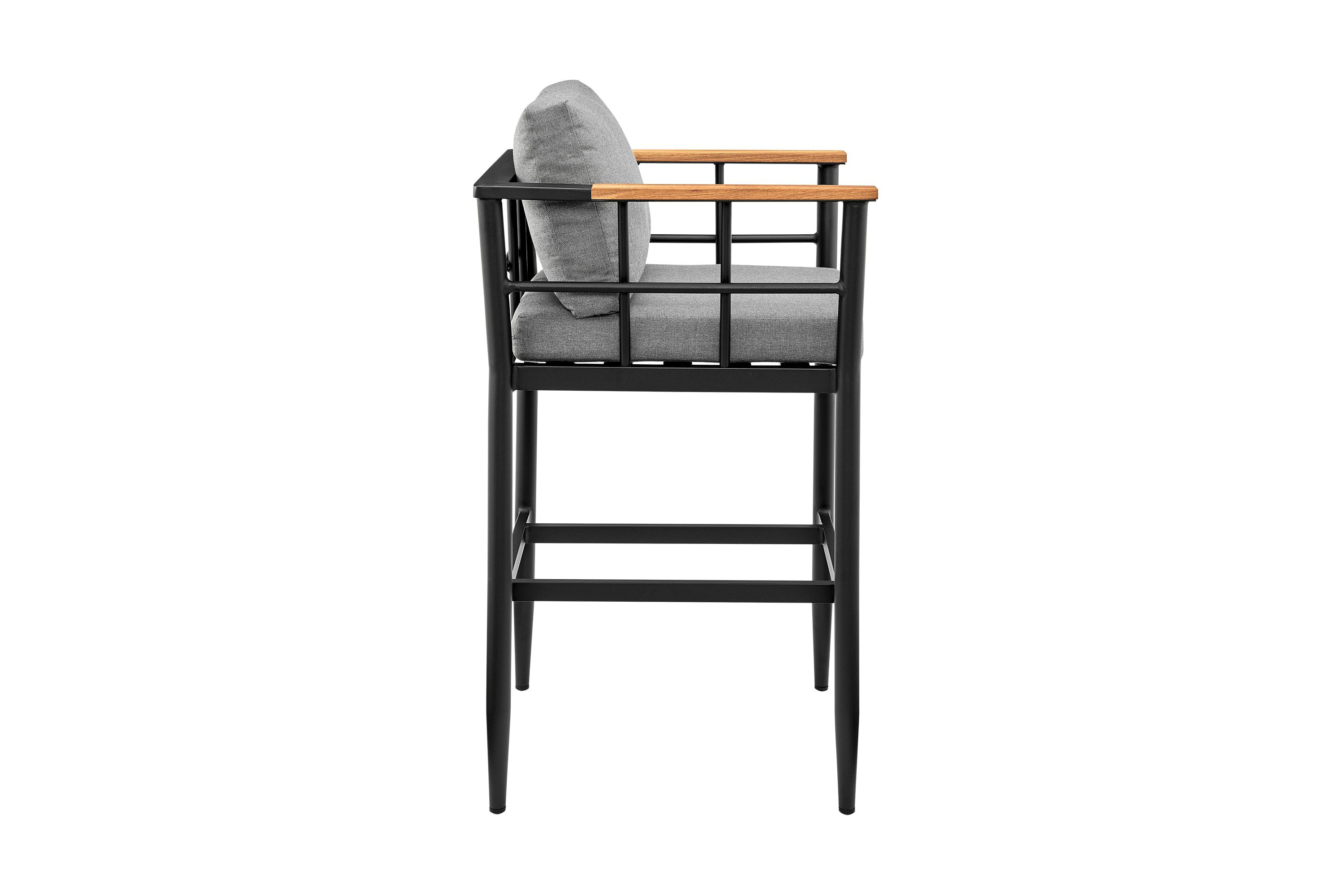 Wiglaf Outdoor Patio Counter Height Bar Stool in Aluminum and Teak with Gray Cushions