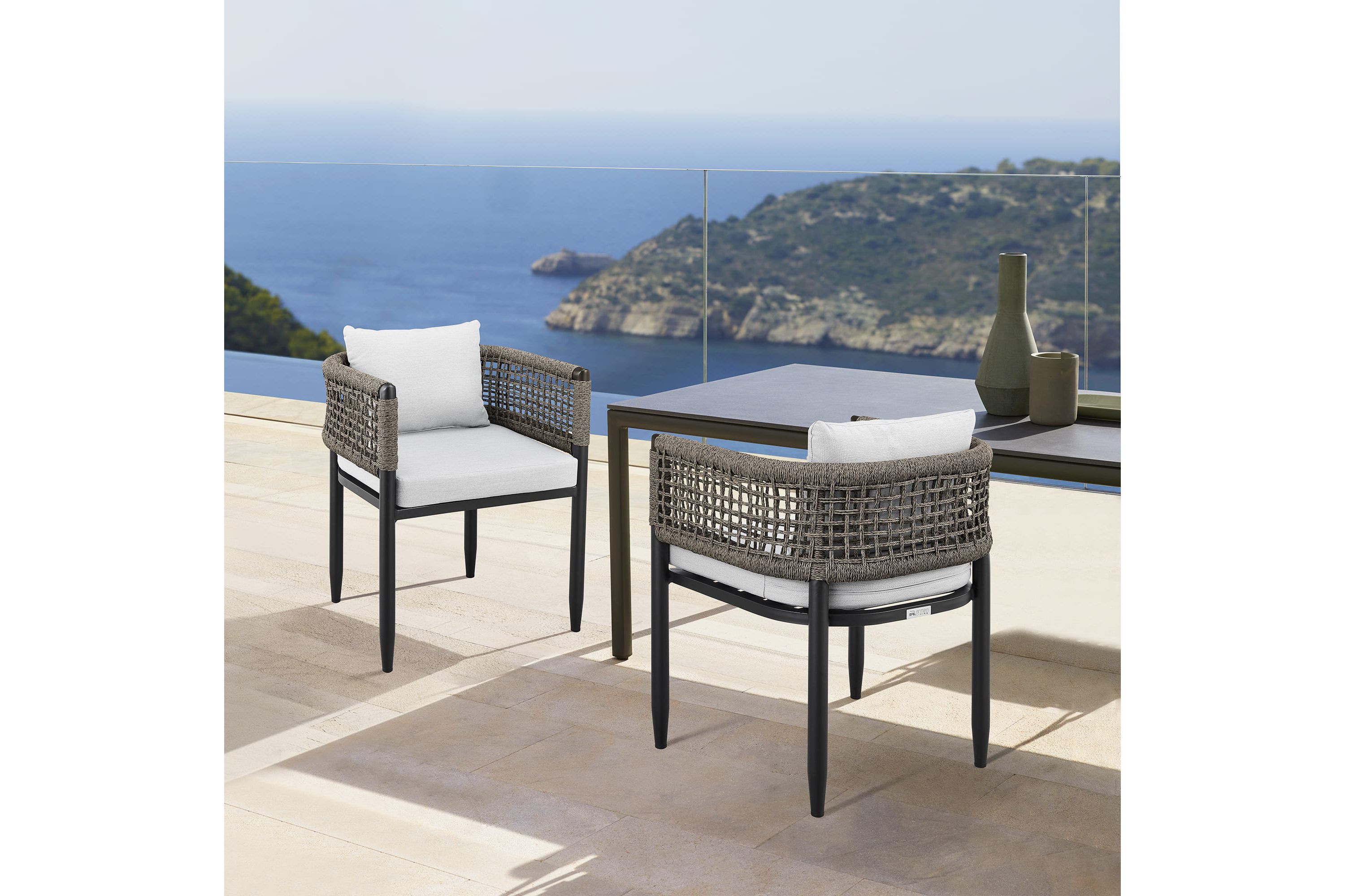 Felicia Outdoor Patio Dining Chair in Aluminum with Gray Rope and Cushions - Set of 2