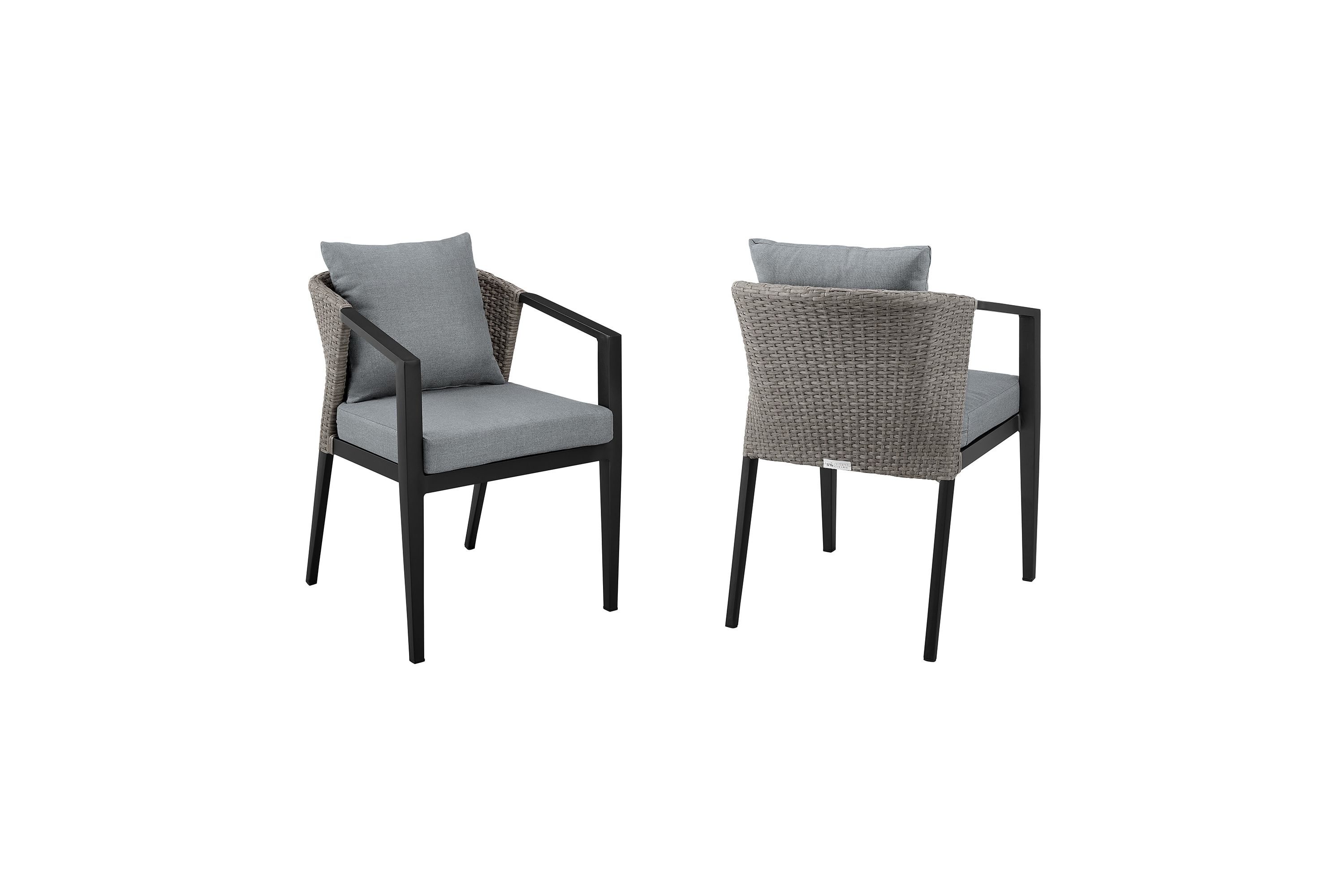 Aileen Outdoor Patio Dining Chairs in Aluminum and Wicker with Gray Cushions - Set of 2