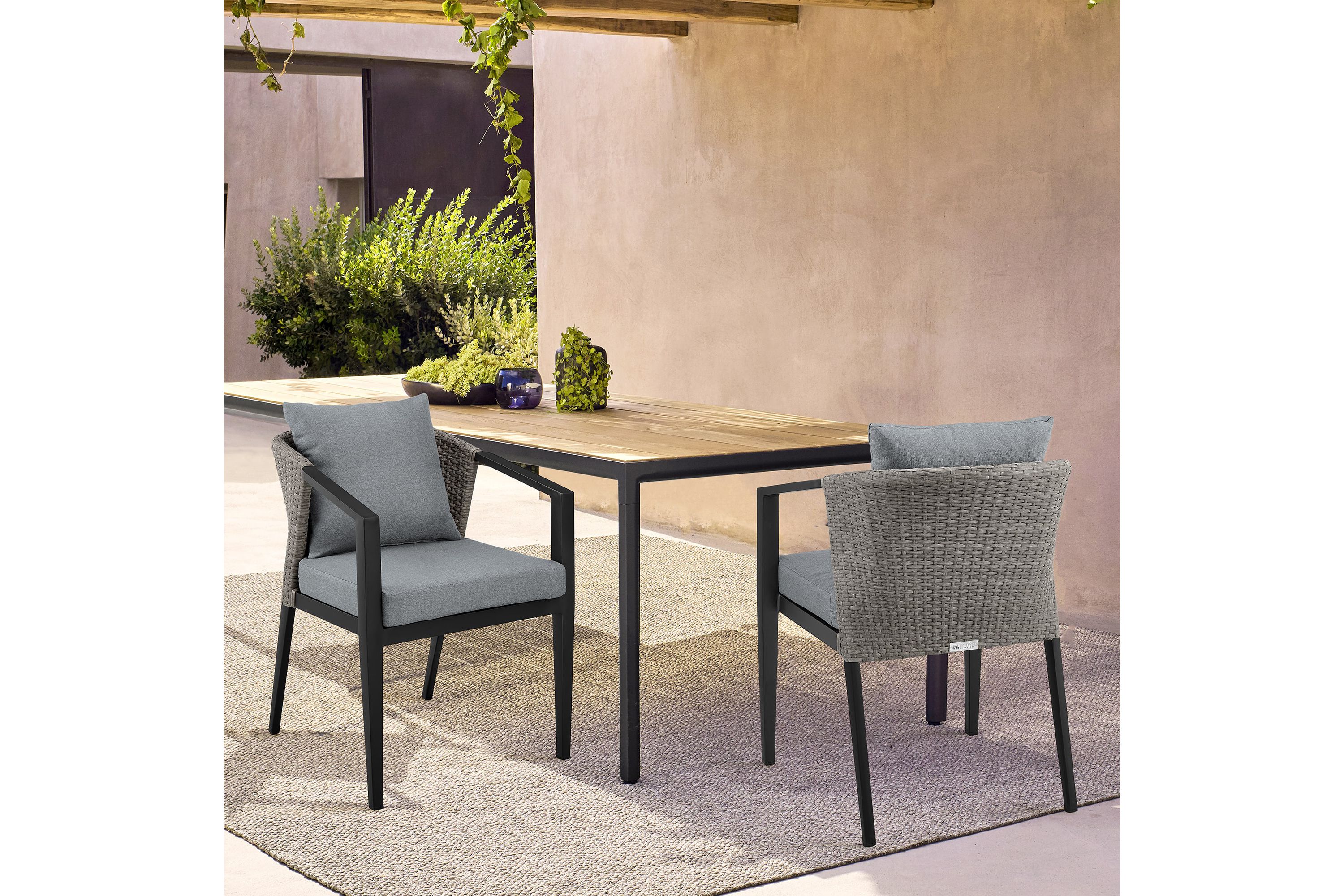 Aileen Outdoor Patio Dining Chairs in Aluminum and Wicker with Gray Cushions - Set of 2