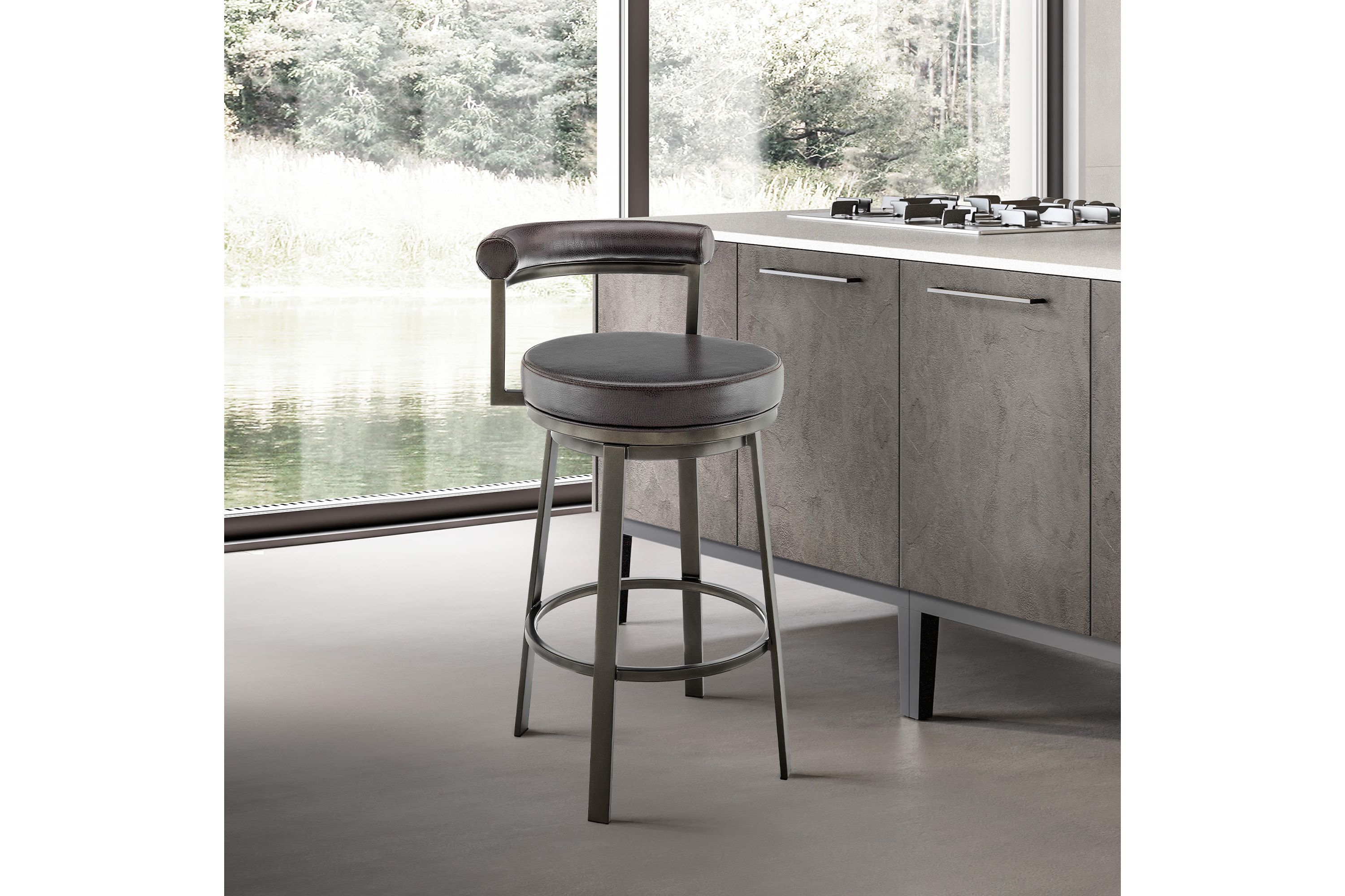 Neura Swivel Counter or Bar Stool in Mocha Finish with Brown Faux Leather