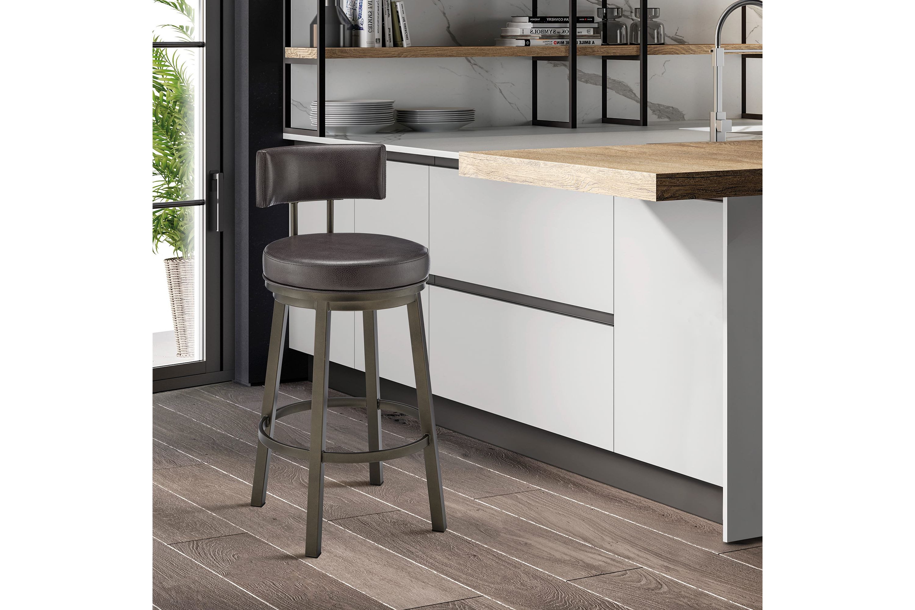 Dalza Swivel Counter or Bar Stool in Mocha Finish with Brown Faux Leather