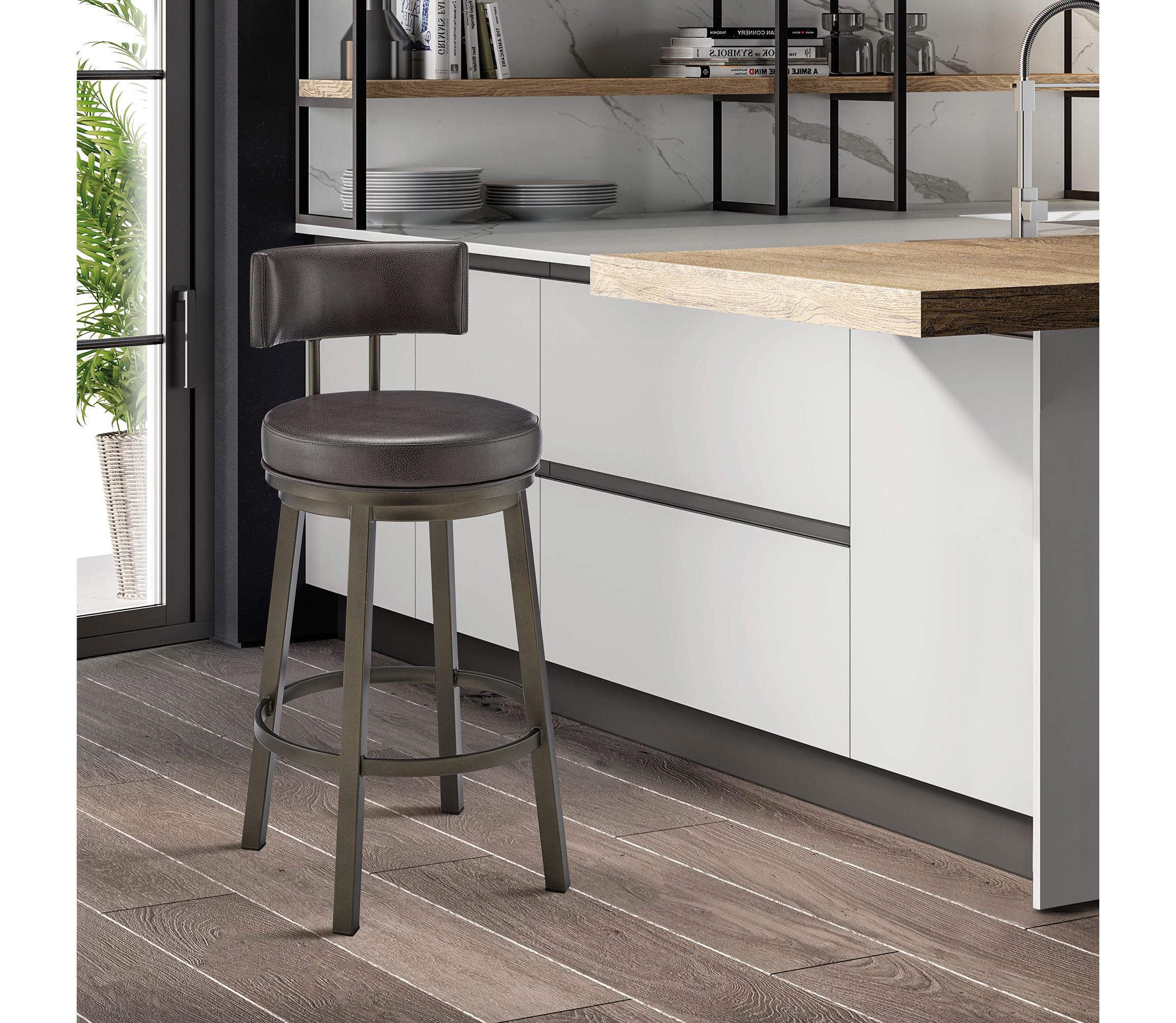 Dalza Swivel Counter or Bar Stool in Mocha Finish with Brown Faux Leather