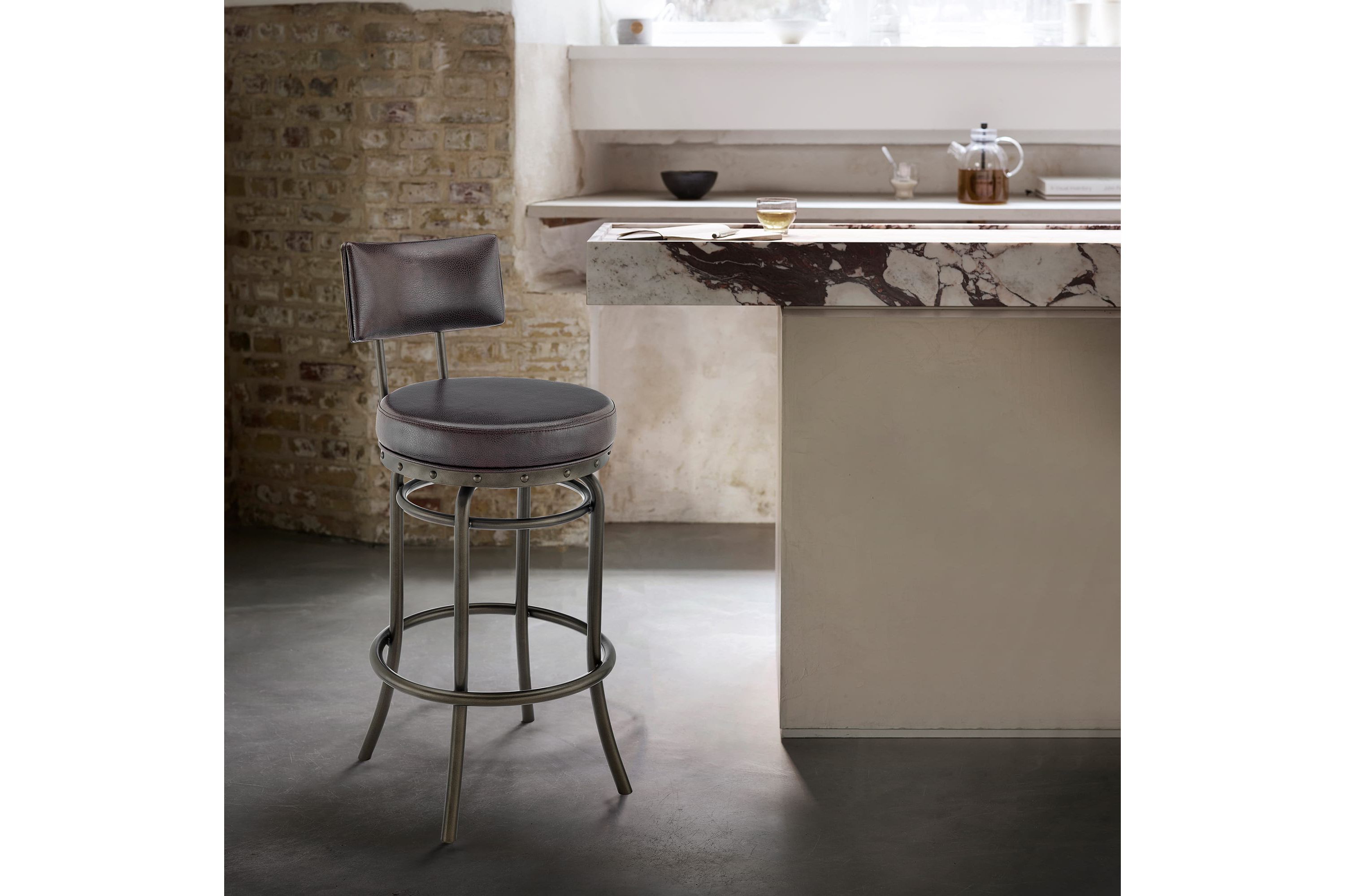 Rees Swivel Counter or Bar Stool in Mocha Finish with Brown Faux Leather