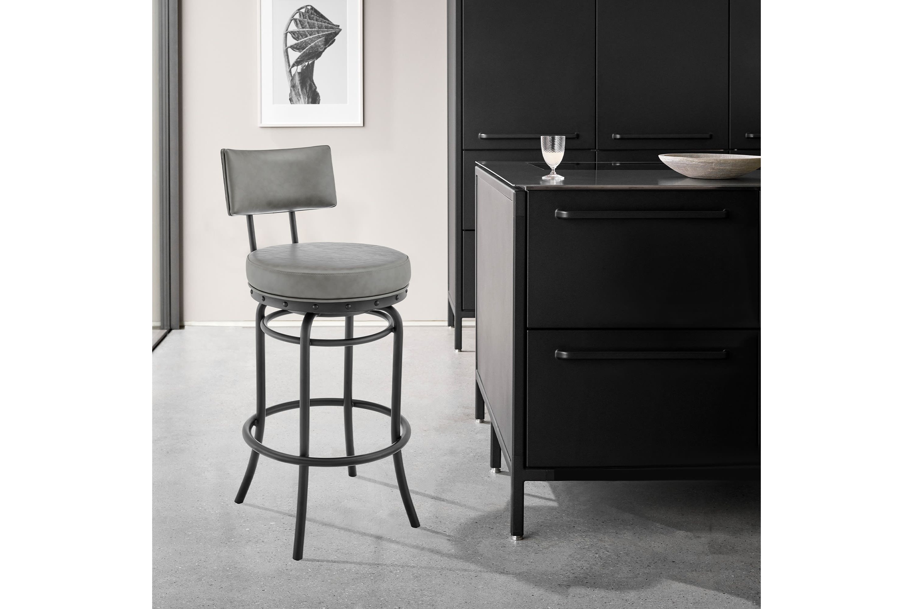Rees Swivel Counter or Bar Stool in Black Finish with Gray Faux Leather