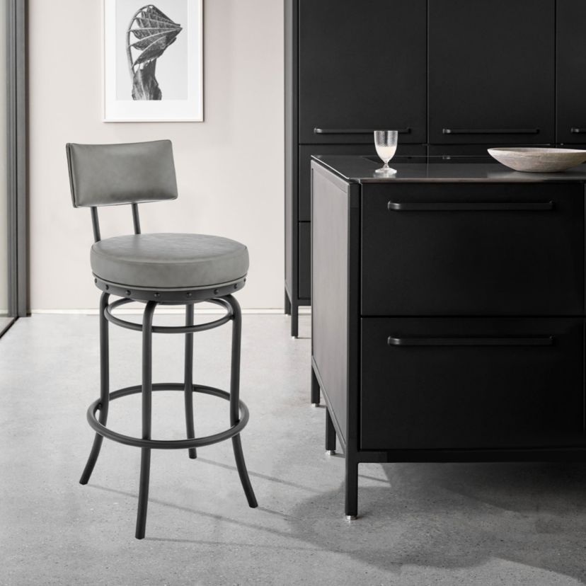 Rees Swivel Counter or Bar Stool in Black Finish with Gray Faux Leather