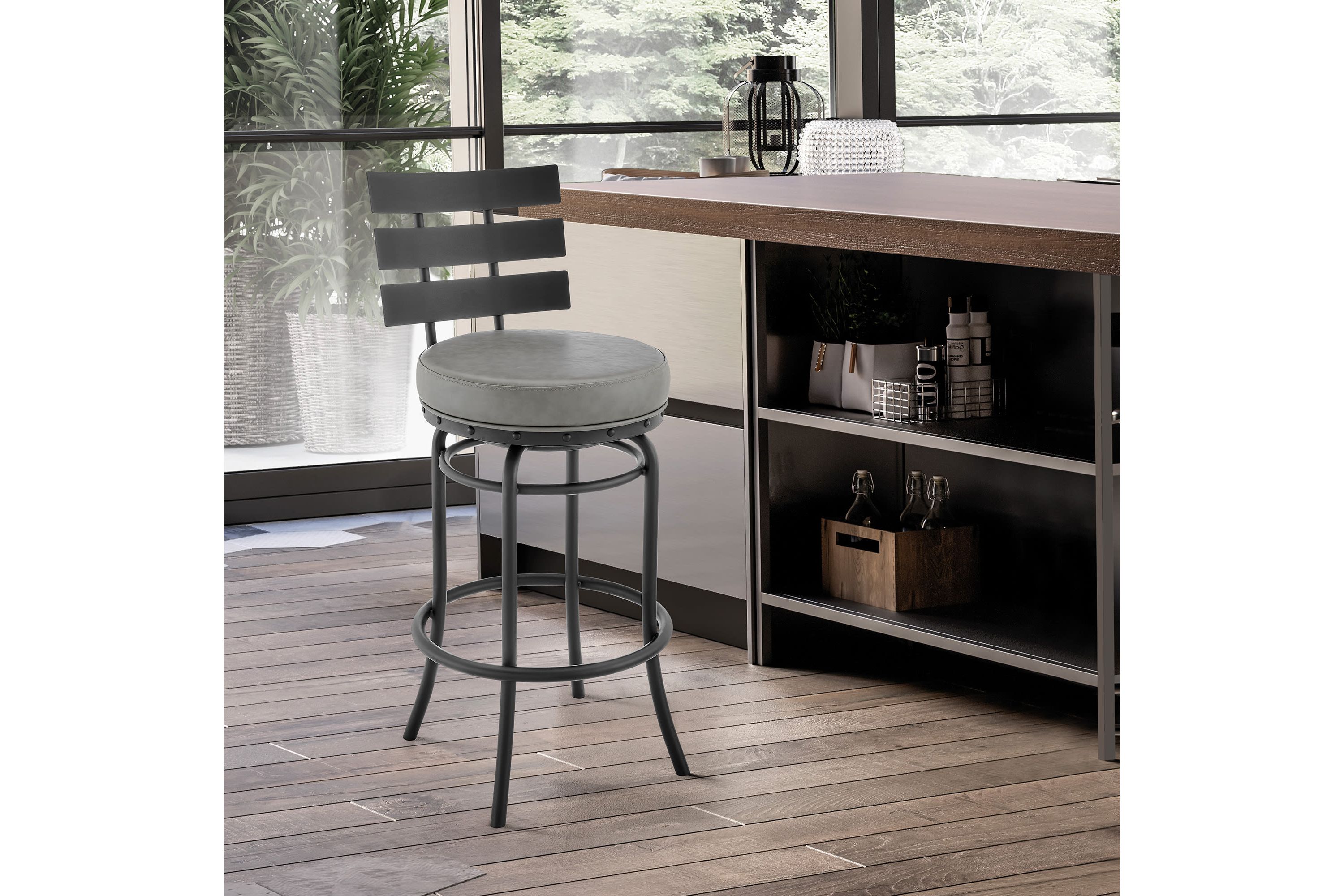 Natya Swivel Counter or Bar Stool in Black Finish with Gray Faux Leather