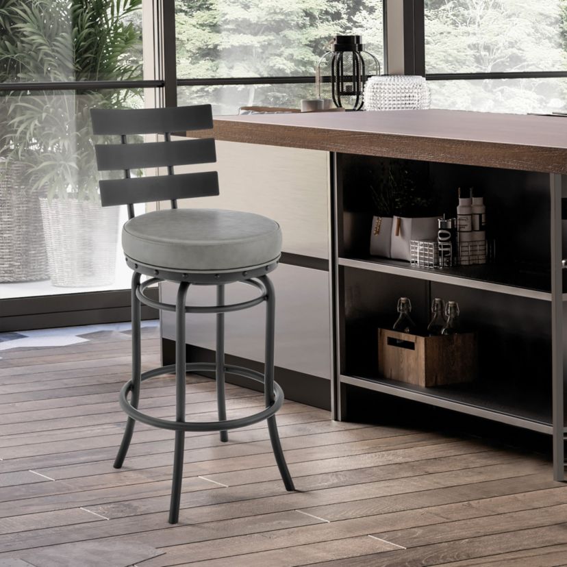 Natya Swivel Counter or Bar Stool in Black Finish with Gray Faux Leather